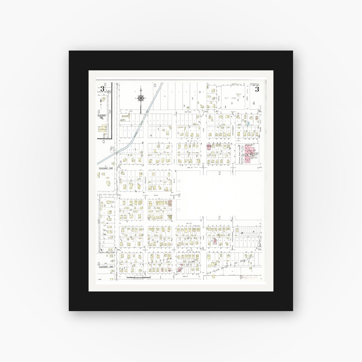 Old map wall art mockup — black gallery frame with white mat — Sanborn Fire Insurance Map from Griswold, Cass County, Iowa (1948), Sheet #0003