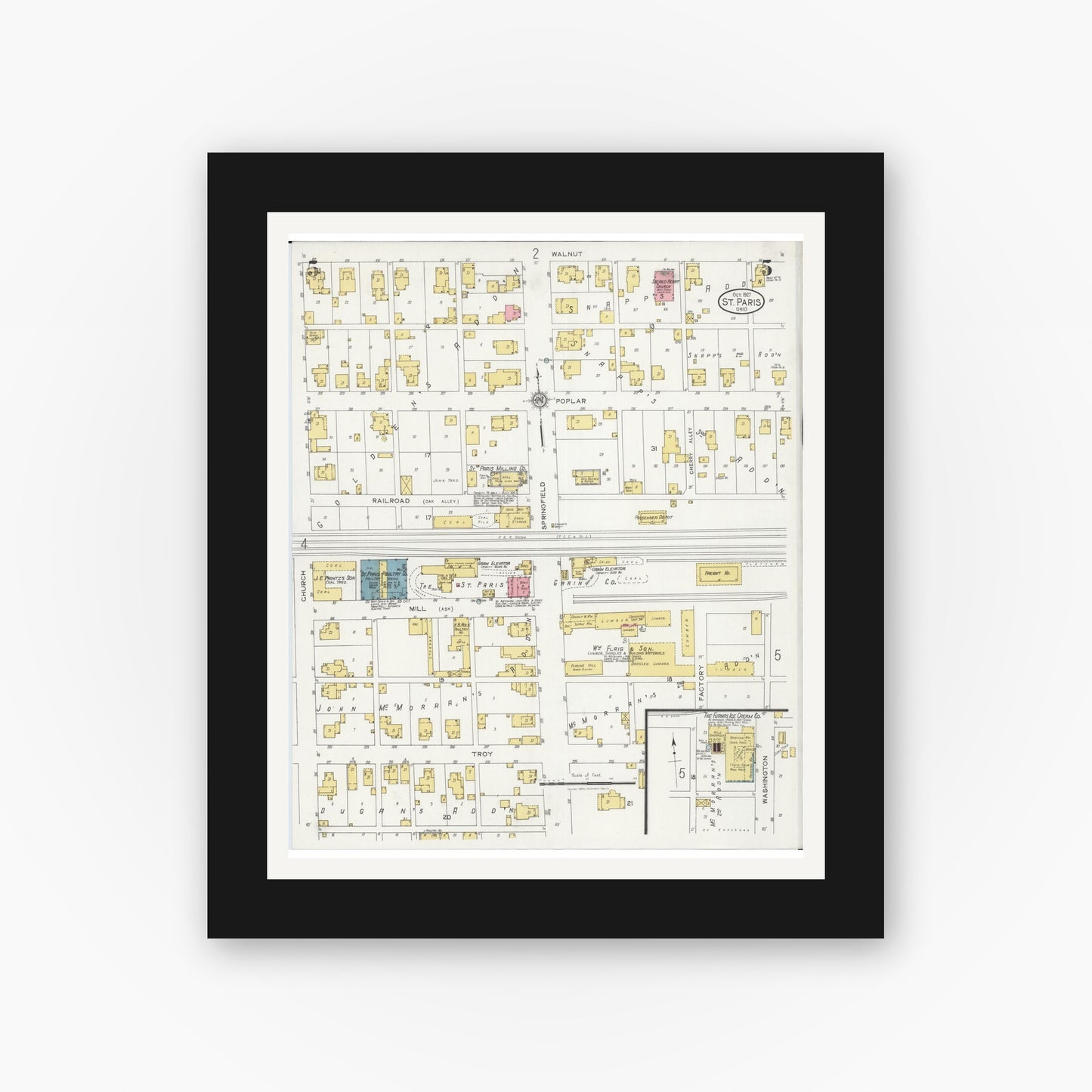 Old map wall art mockup — black gallery frame with white mat — Sanborn Fire Insurance Map from Saint Paris, Champaign County, Ohio (1927), Sheet #0005