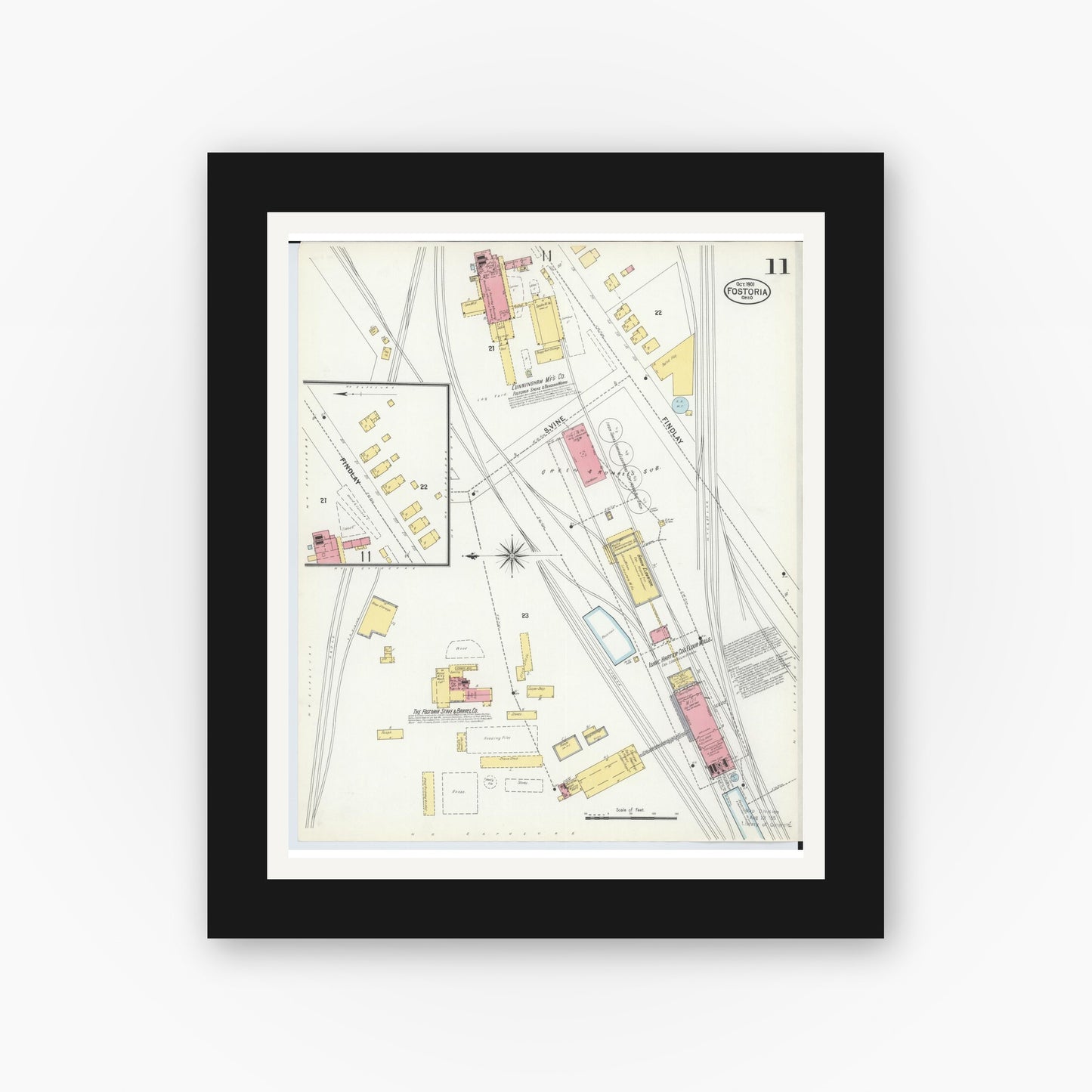 Old map wall art mockup — black gallery frame with white mat — Sanborn Fire Insurance Map from Fostoria, Seneca, Hancock, And Wood Counties, Ohio (1901), Sheet #0011