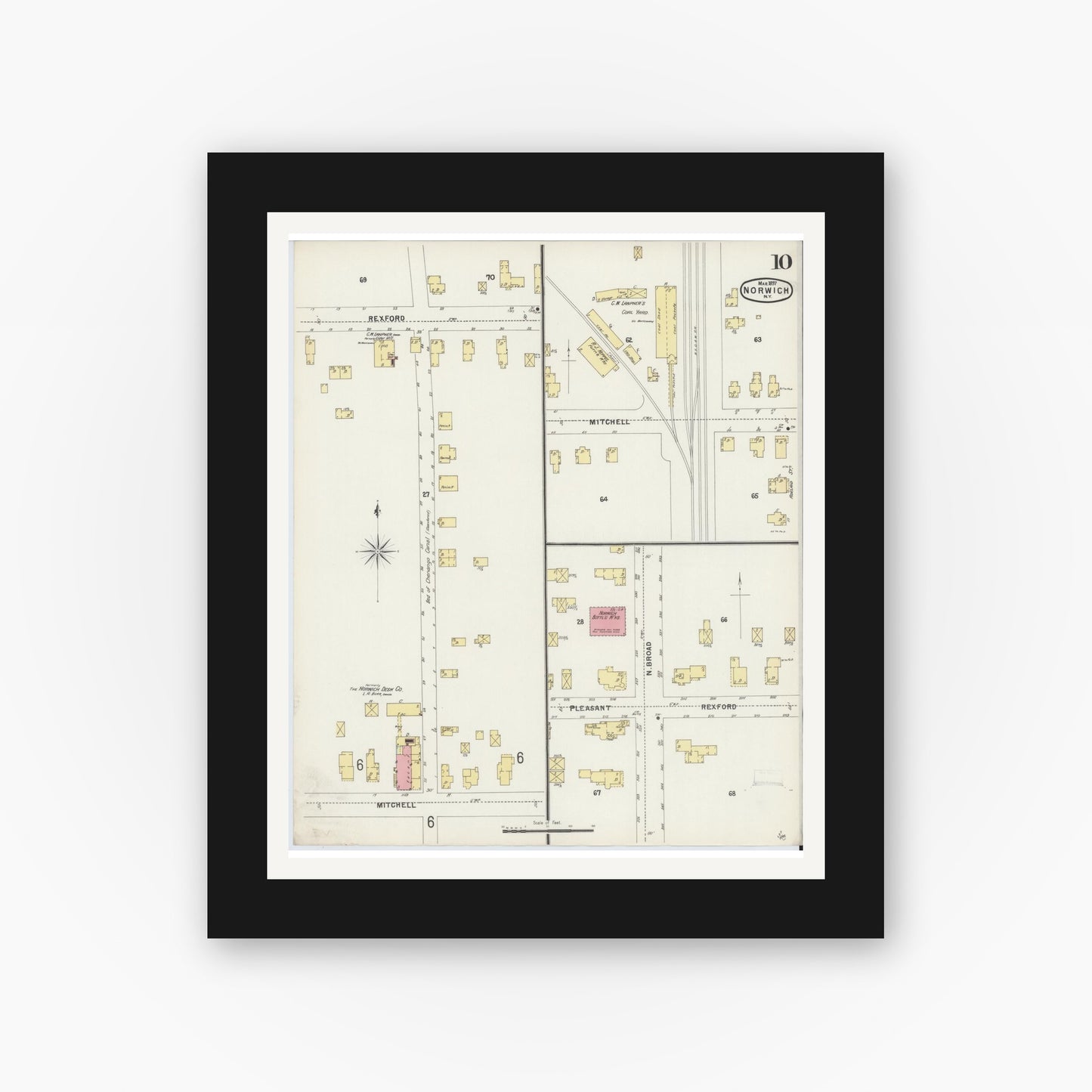 Old map wall art mockup — black gallery frame with white mat — Sanborn Fire Insurance Map from Norwich, Chenango County, New York (1897), Sheet #0010