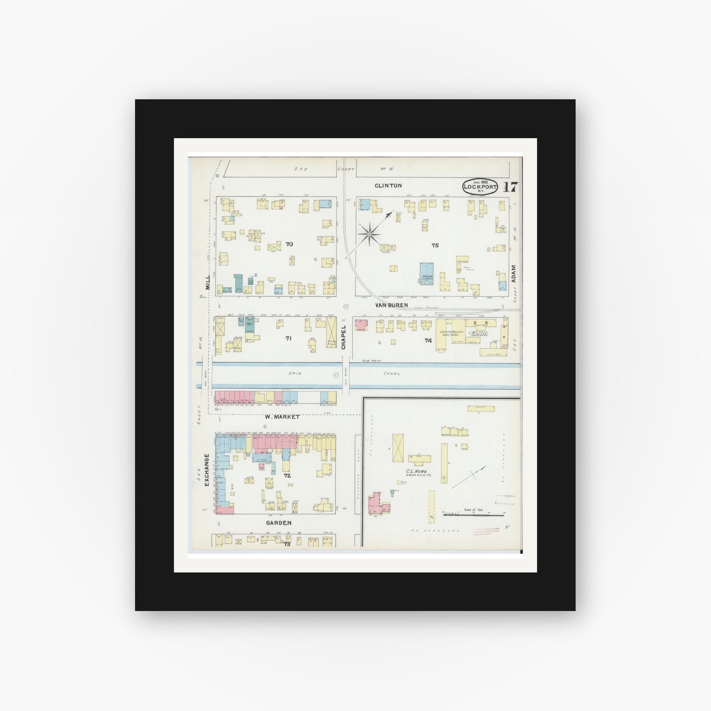 Old map wall art mockup — black gallery frame with white mat — Sanborn Fire Insurance Map from Lockport, Niagara County, New York (1892), Sheet #0017