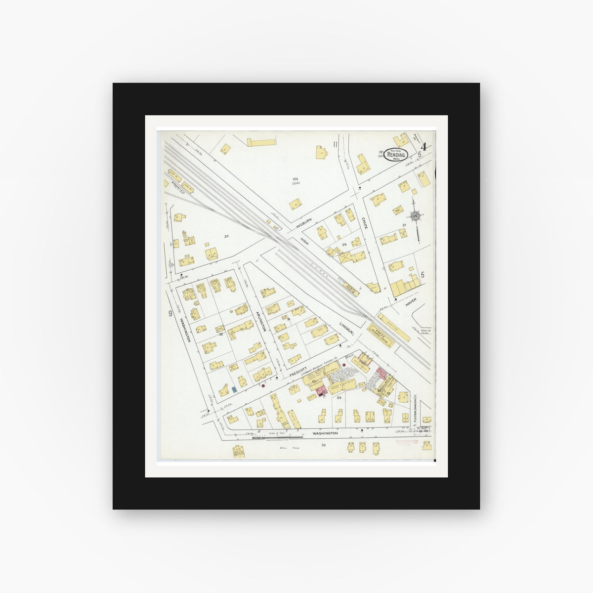 Old map wall art mockup — black gallery frame with white mat — Sanborn Fire Insurance Map from Reading, Middlesex County, Massachusetts (1918), Sheet #0004