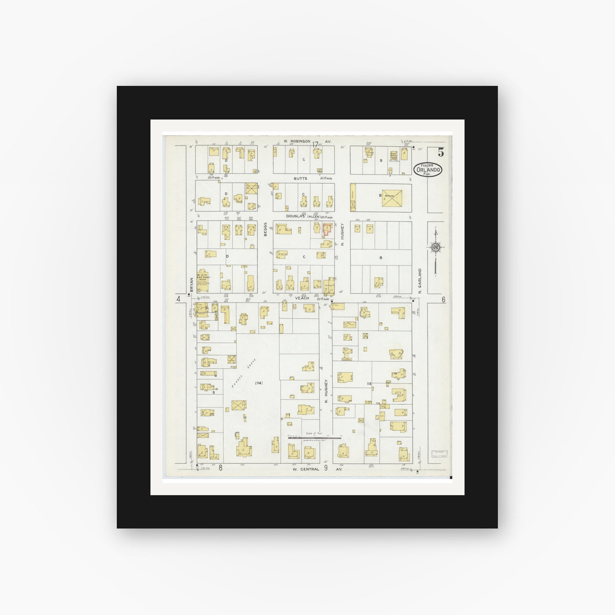 Old map wall art mockup — black gallery frame with white mat — Sanborn Fire Insurance Map from Orlando, Orange County, Florida (1919), Sheet #0005