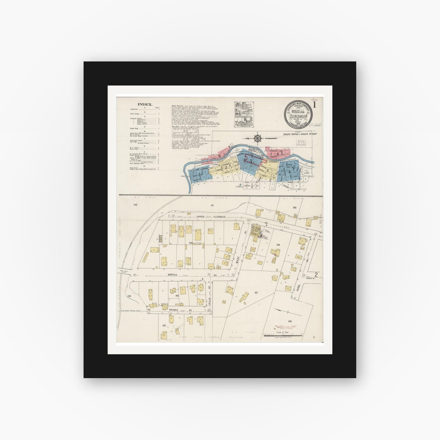 Old map wall art mockup — black gallery frame with white mat — Sanborn Fire Insurance Map from Dunsmuir, Siskiyou County, California (1920), Sheet #0001
