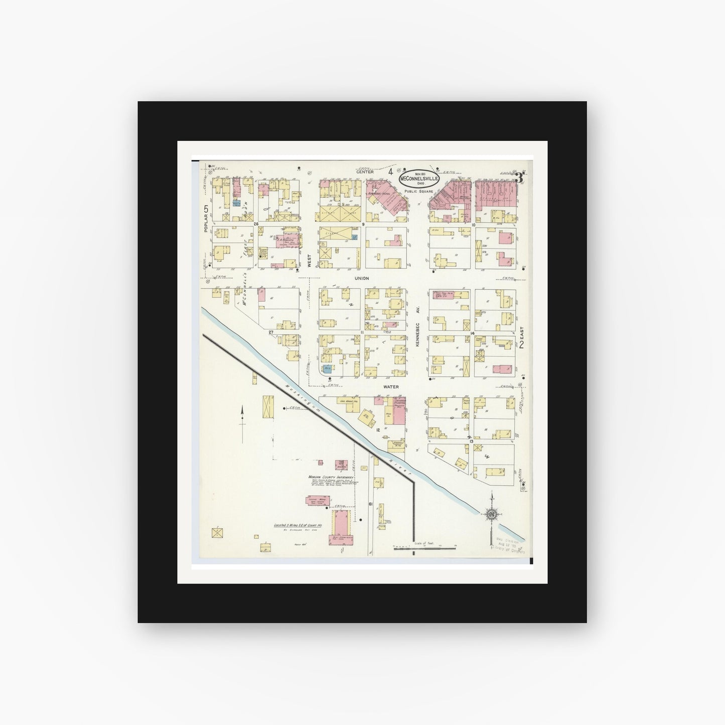 Old map wall art mockup — black gallery frame with white mat — Sanborn Fire Insurance Map from McConnelsville, Morgan County, Ohio (1911), Sheet #0003