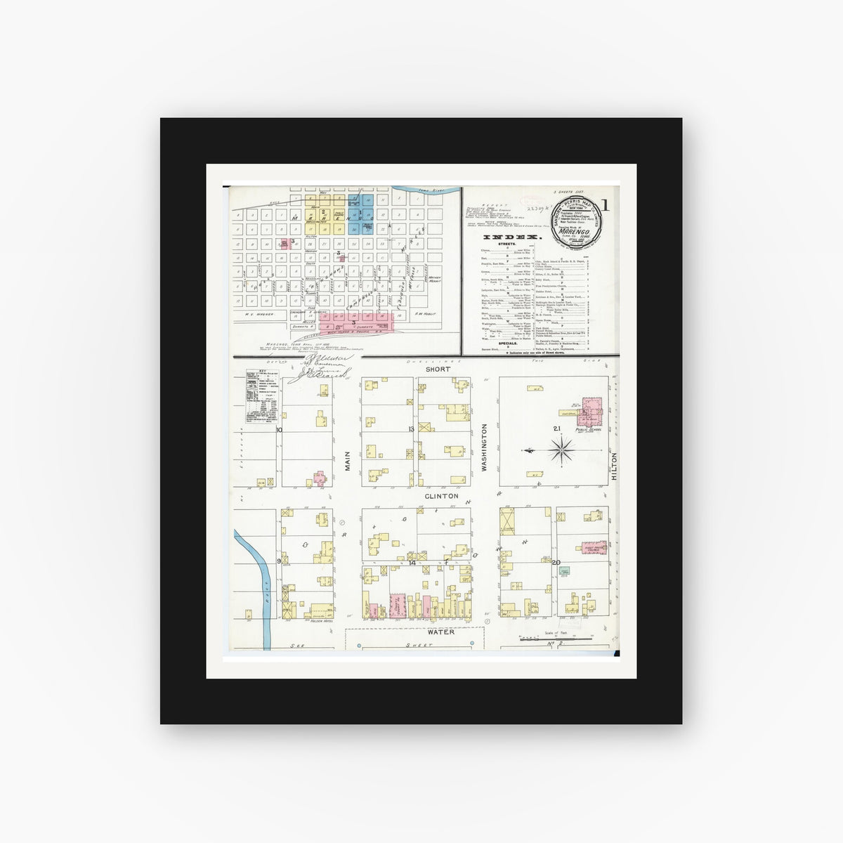 Old map wall art mockup — black gallery frame with white mat — Sanborn Fire Insurance Map from Marengo, Iowa County, Iowa (1892), Sheet #0001