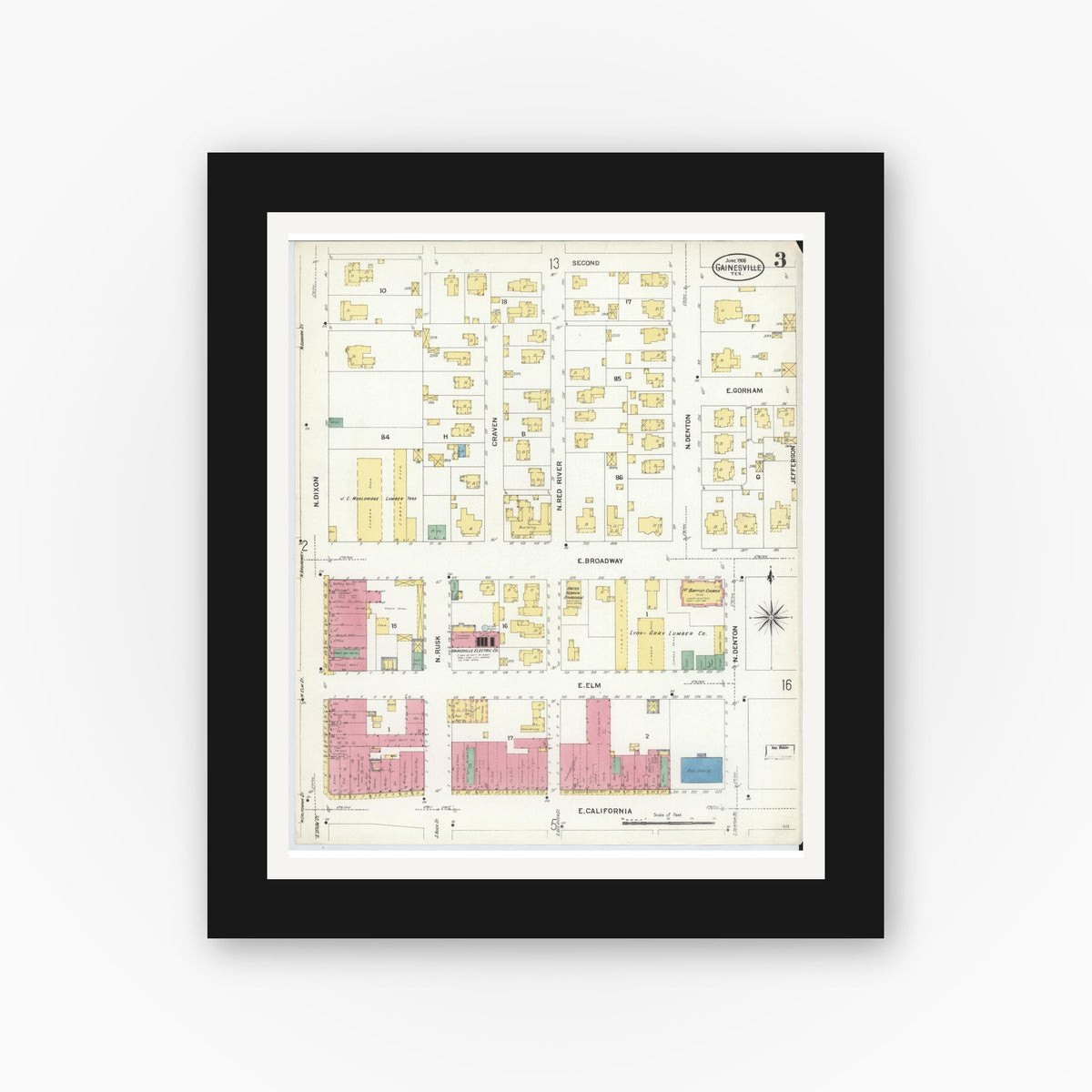 Old map wall art mockup — black gallery frame with white mat — Sanborn Fire Insurance Map from Gainesville, Cooke County, Texas (1908), Sheet #0003