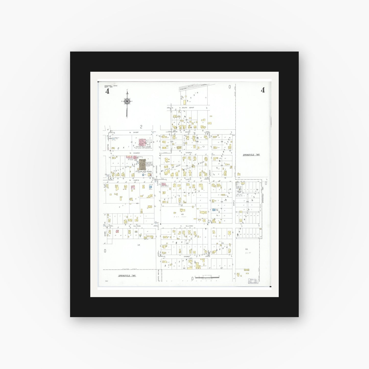 Old map wall art mockup — black gallery frame with white mat — Sanborn Fire Insurance Map from Stryker, Williams County, Ohio (1951), Sheet #0004