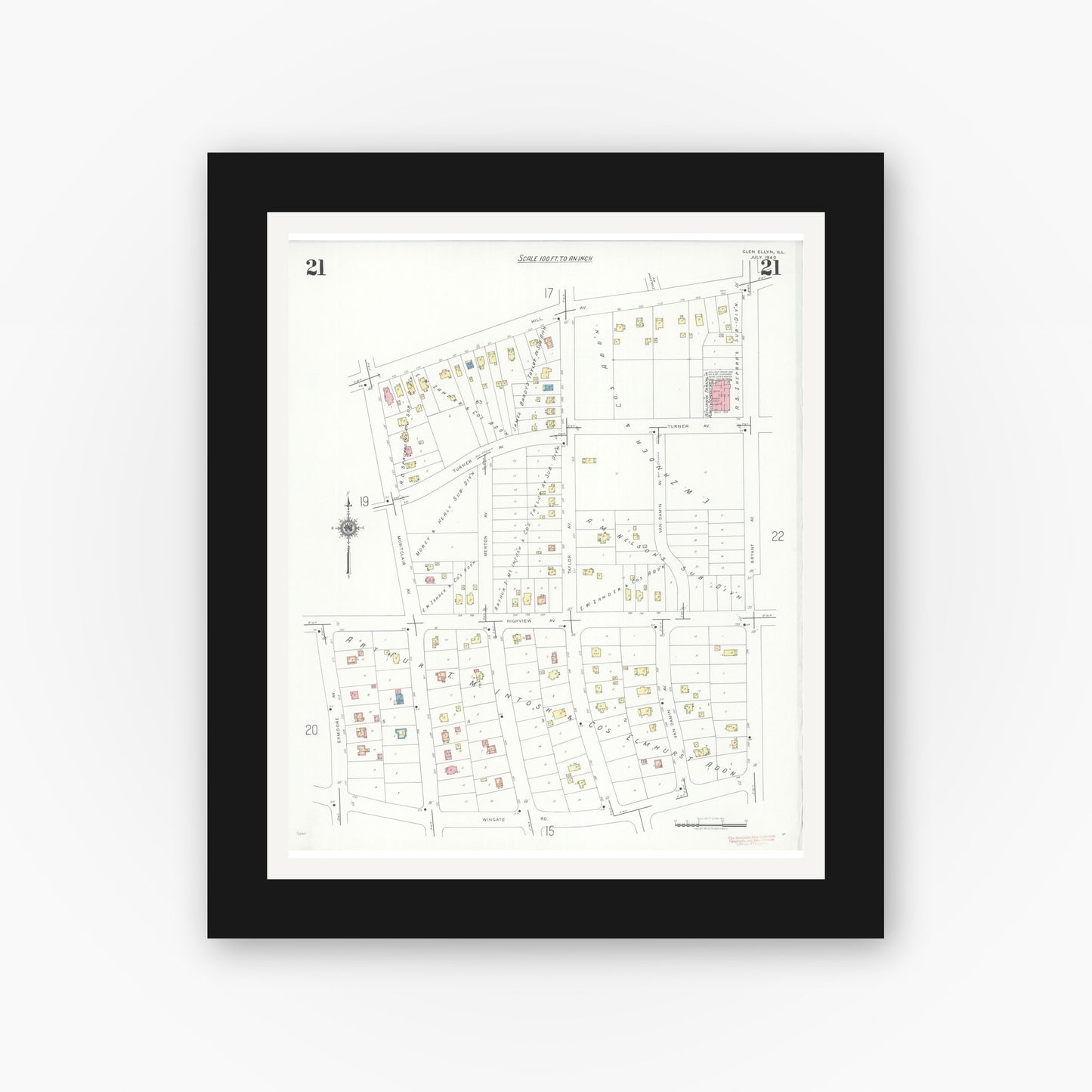 Old map wall art mockup — black gallery frame with white mat — Sanborn Fire Insurance Map from Glen Ellyn, Du Page County, Illinois (1940), Sheet #0021