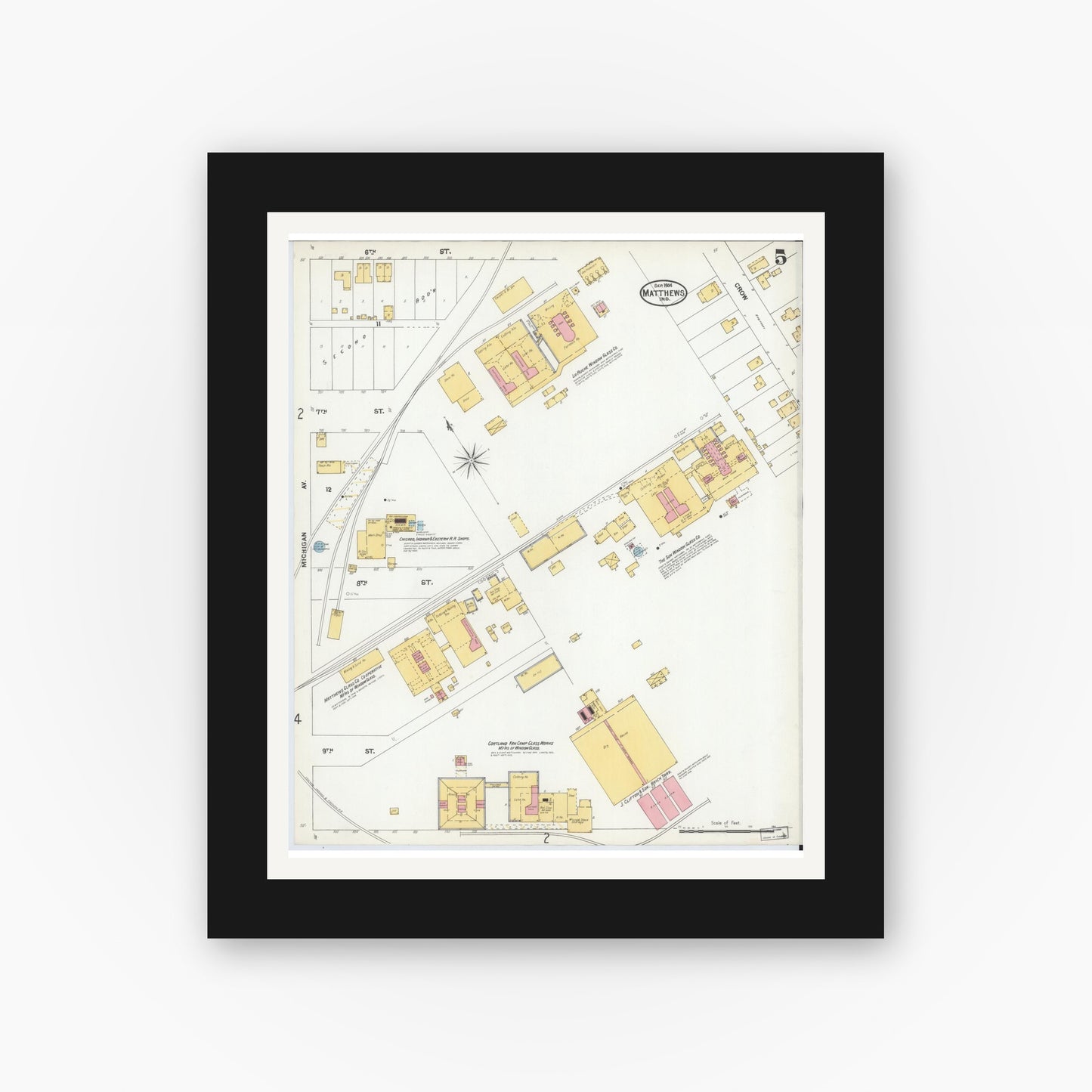 Old map wall art mockup — black gallery frame with white mat — Sanborn Fire Insurance Map from Matthews, Grant County, Indiana (1904), Sheet #0005
