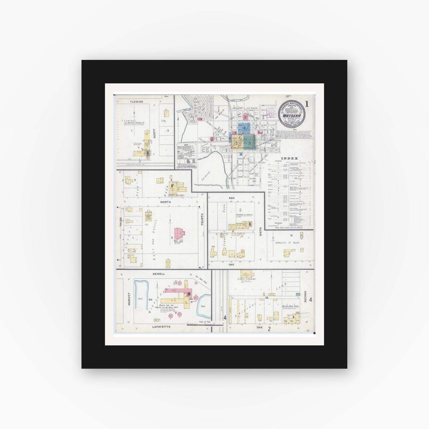Old map wall art mockup — black gallery frame with white mat — Sanborn Fire Insurance Map from Watseka, Iroquois County, Illinois (1905) - Complete Map Set