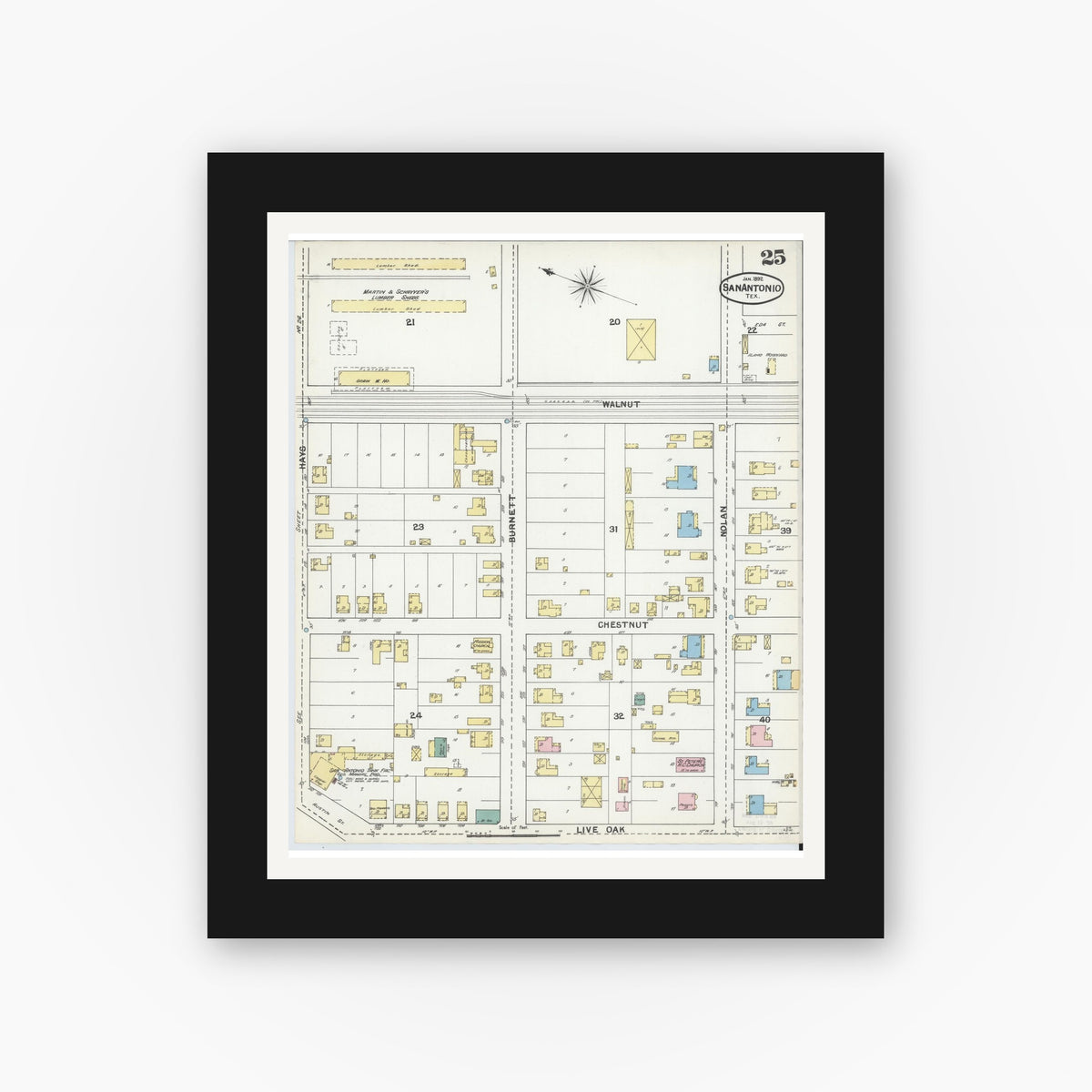 Old map wall art mockup — black gallery frame with white mat — Sanborn Fire Insurance Map from San Antonio, Bexar County, Texas (1892), Sheet #0025