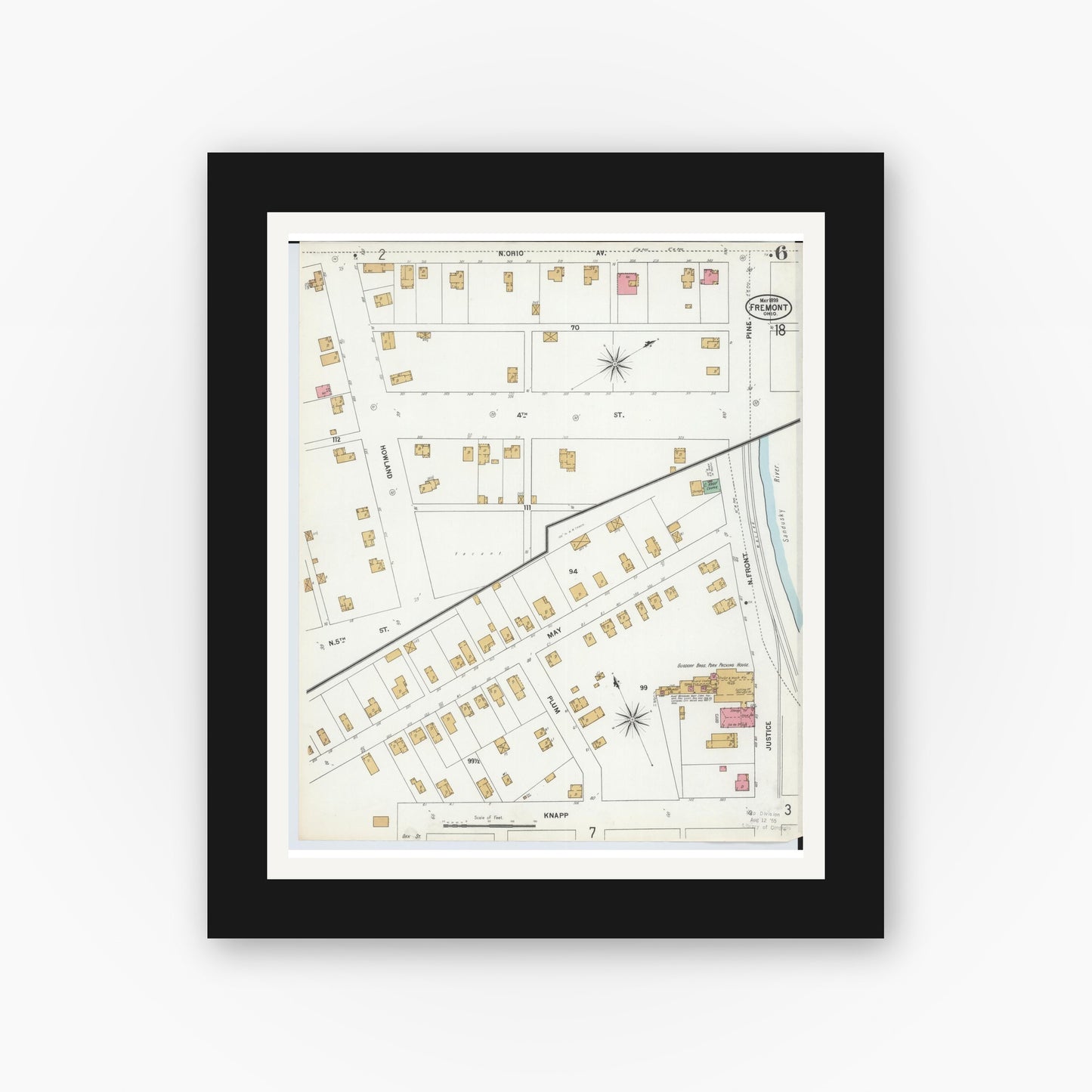 Old map wall art mockup — black gallery frame with white mat — Sanborn Fire Insurance Map from Fremont, Sandusky County, Ohio (1899), Sheet #0006