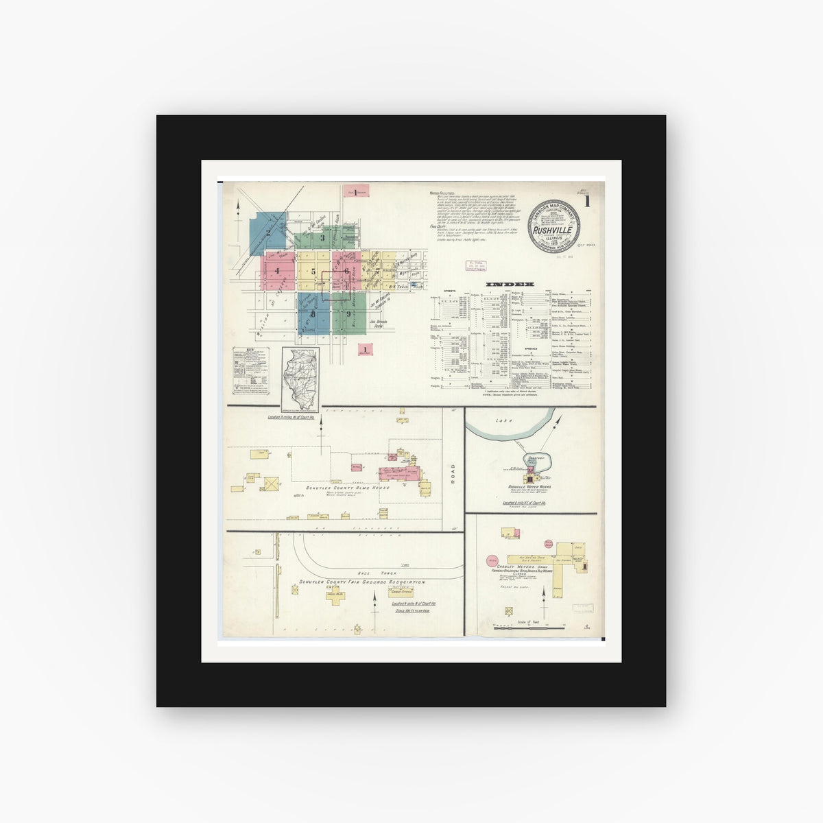 Old map wall art mockup — black gallery frame with white mat — Sanborn Fire Insurance Map from Rushville, Schuyler County, Illinois (1913) - Complete Map Set