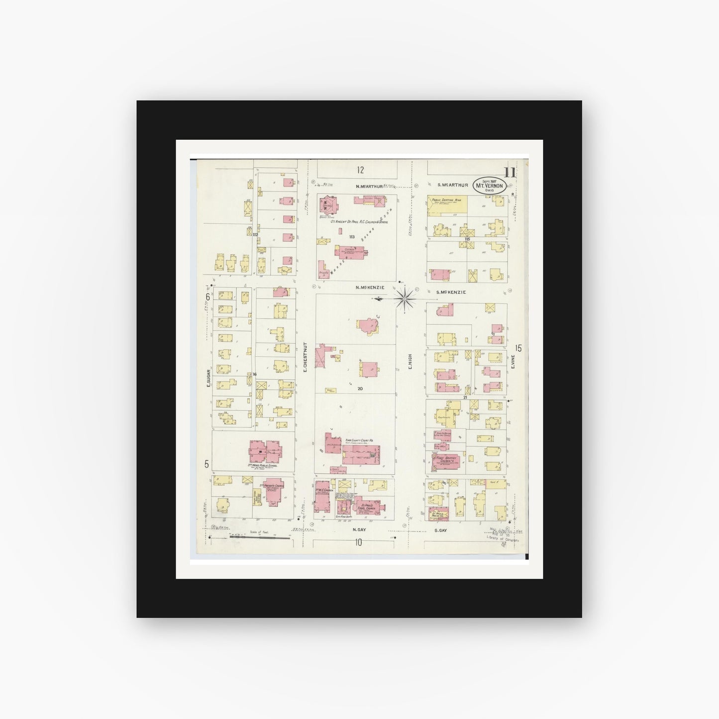 Old map wall art mockup — black gallery frame with white mat — Sanborn Fire Insurance Map from Mount Vernon, Knox County, Ohio (1907), Sheet #0011