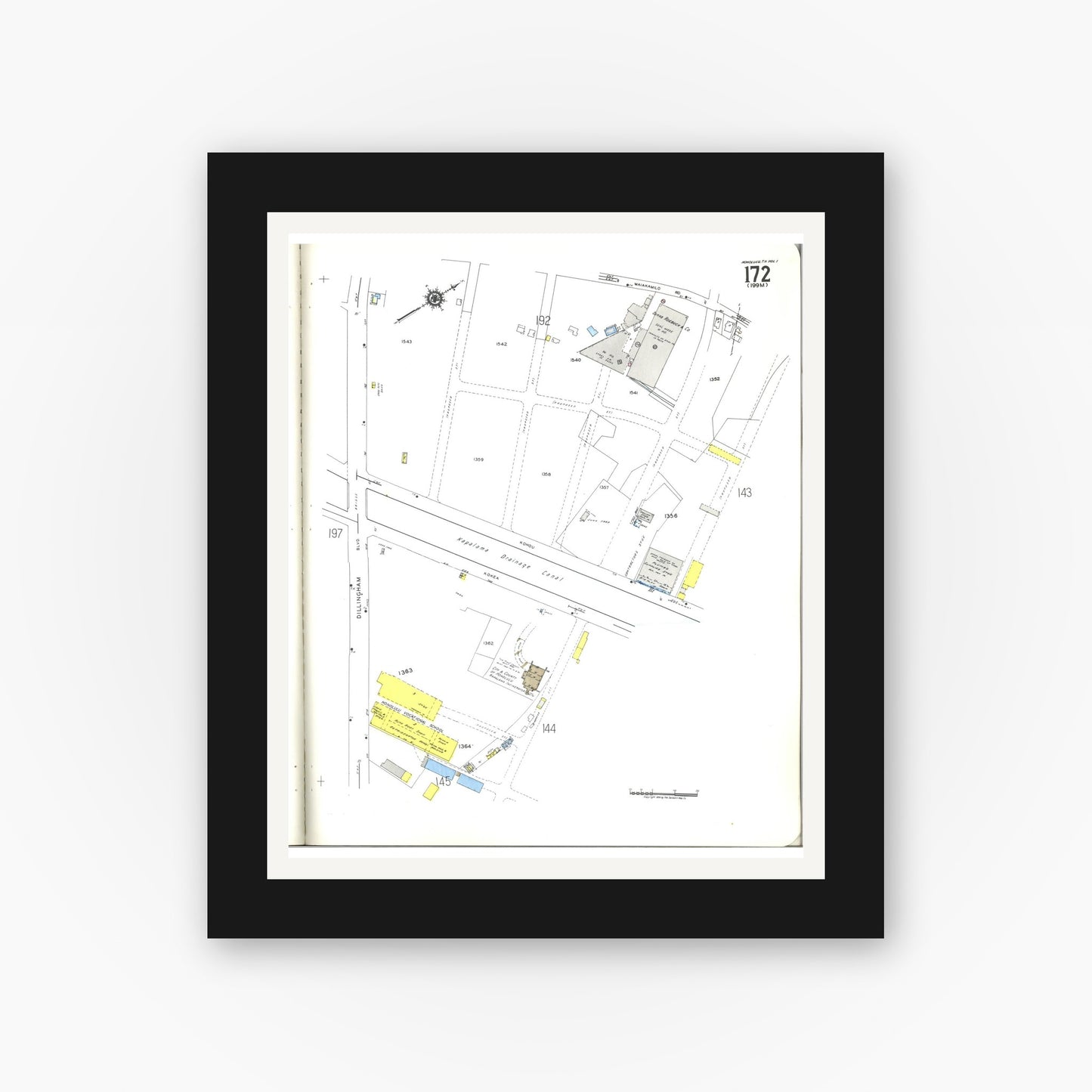 Old map wall art mockup — black gallery frame with white mat — Sanborn Fire Insurance Map from Honolulu, Oahu County, Hawaii (1955), Sheet #0172
