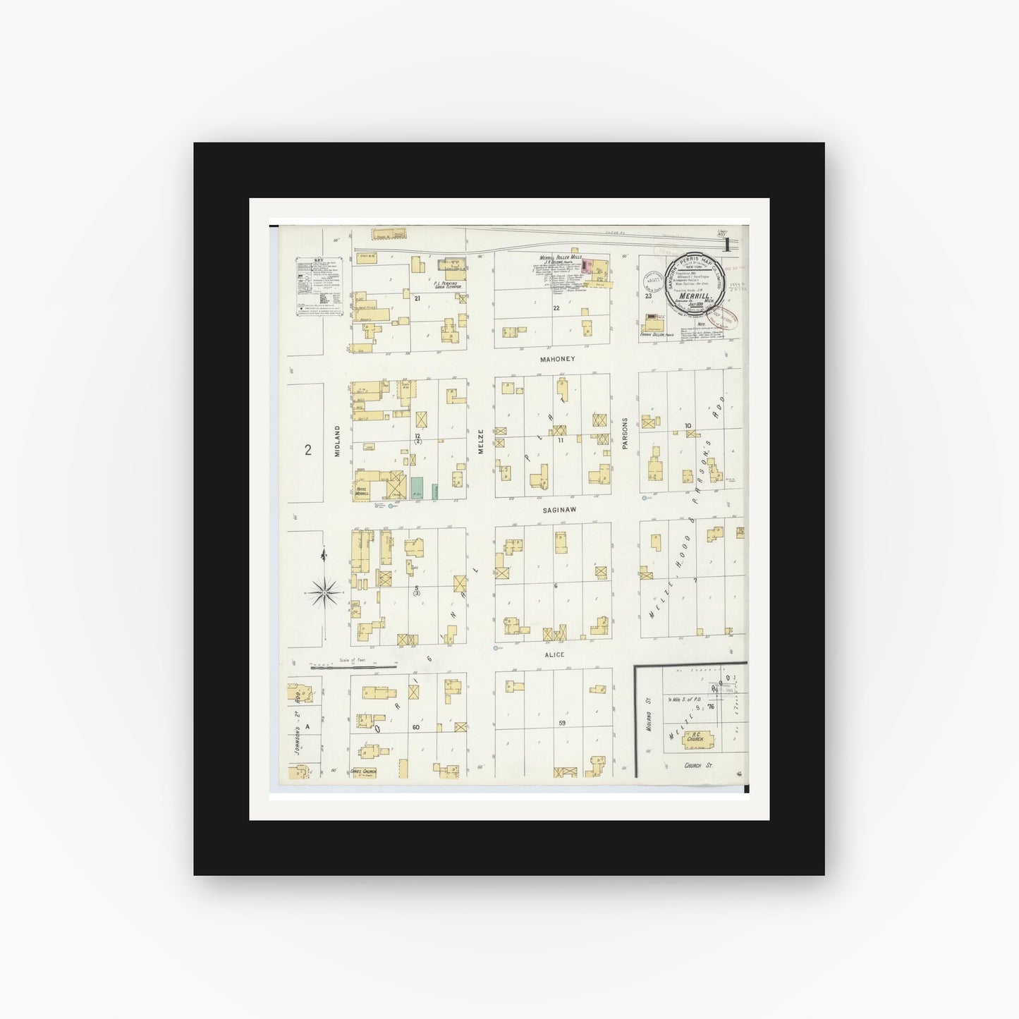 Old map wall art mockup — black gallery frame with white mat — Sanborn Fire Insurance Map from Merrill, Saginaw County, Michigan (1899) - Complete Map Set