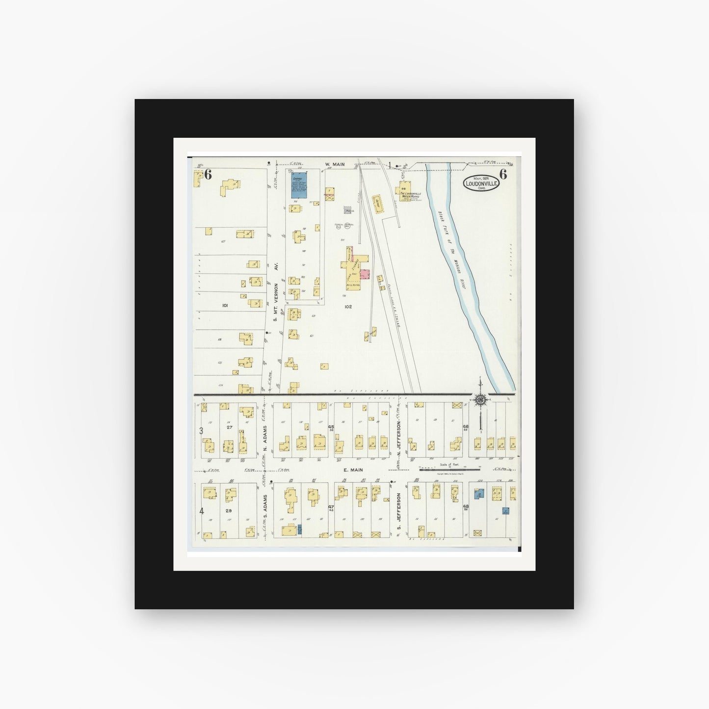 Old map wall art mockup — black gallery frame with white mat — Sanborn Fire Insurance Map from Loudonville, Ashland County, Ohio (1924), Sheet #0006