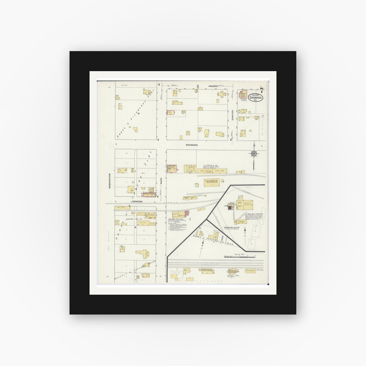 Old map wall art mockup — black gallery frame with white mat — Sanborn Fire Insurance Map from Shawano, Shawano County, Wisconsin (1913), Sheet #0007