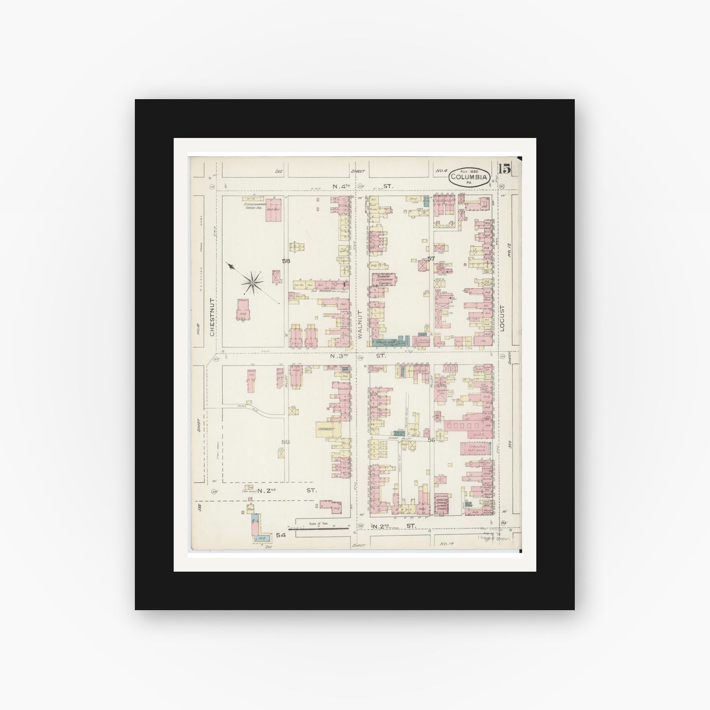 Old map wall art mockup — black gallery frame with white mat — Sanborn Fire Insurance Map from Columbia, Lancaster County, Pennsylvania (1886), Sheet #0015