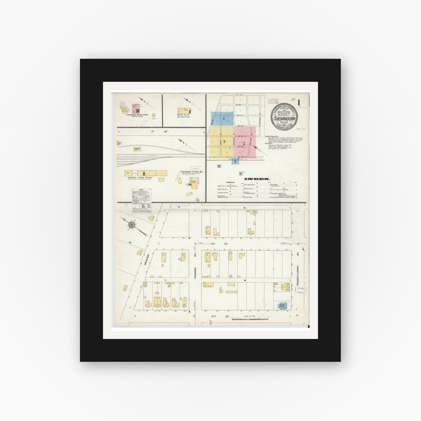 Old map wall art mockup — black gallery frame with white mat — Sanborn Fire Insurance Map from Shenandoah, Page County, Virginia (1910) - Complete Map Set