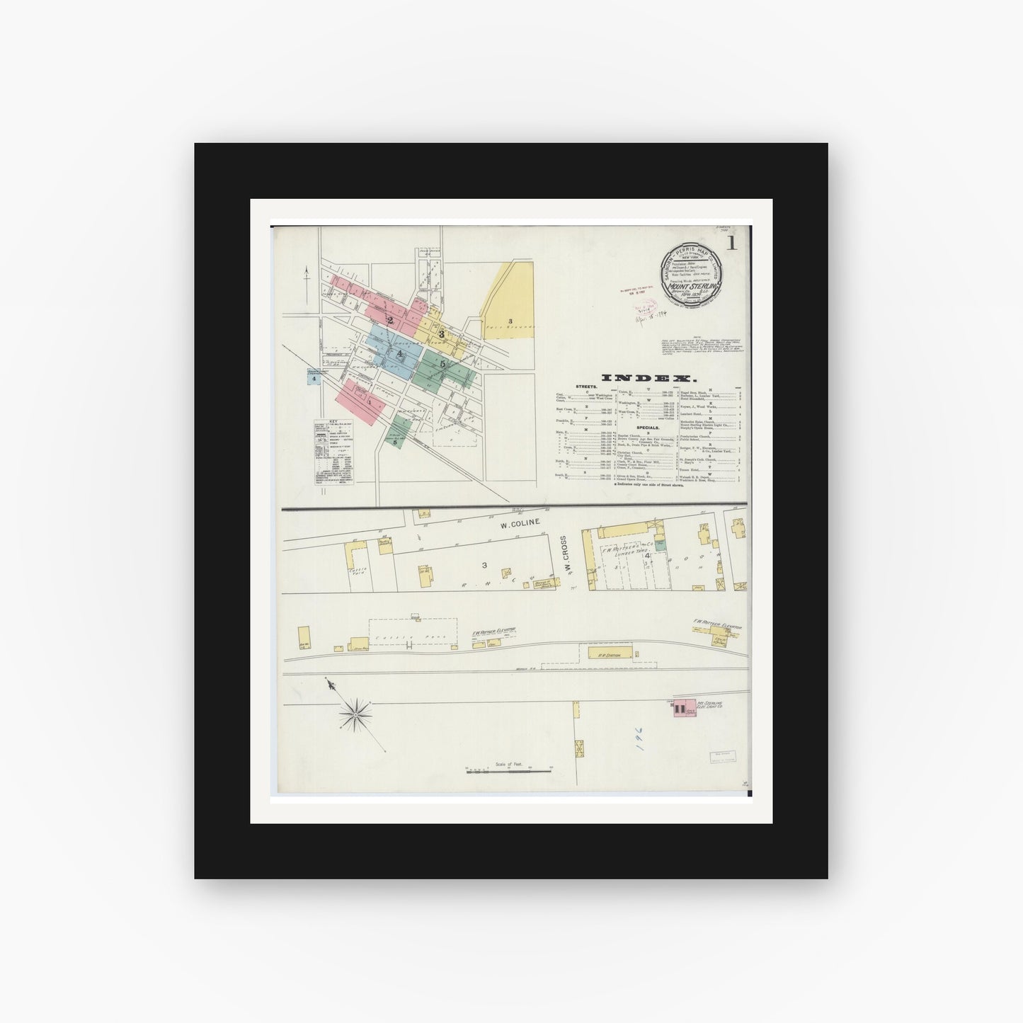Old map wall art mockup — black gallery frame with white mat — Sanborn Fire Insurance Map from Mount Sterling, Brown County, Illinois (1894) - Complete Map Set