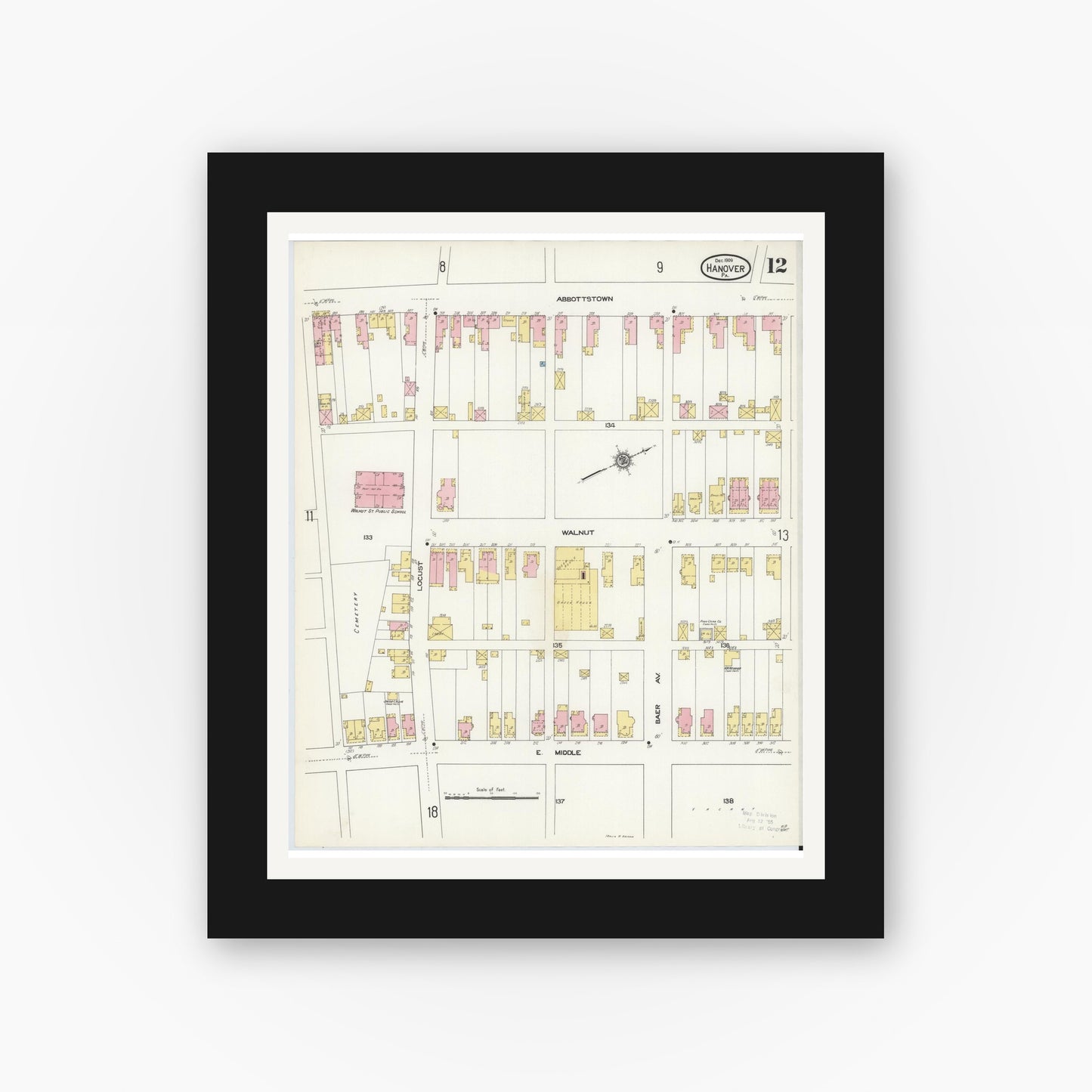 Old map wall art mockup — black gallery frame with white mat — Sanborn Fire Insurance Map from Hanover, York County, Pennsylvania (1909), Sheet #0012