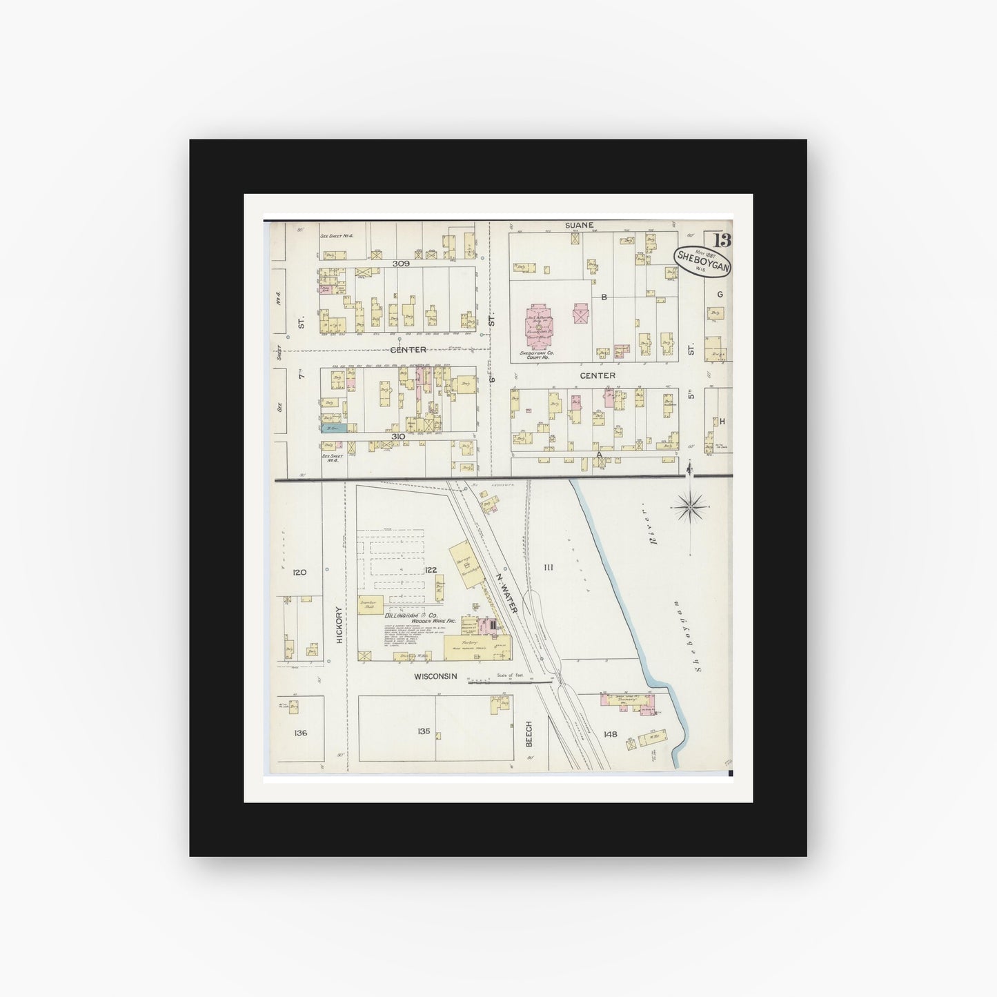 Old map wall art mockup — black gallery frame with white mat — Sanborn Fire Insurance Map from Sheboygan, Sheboygan County, Wisconsin (1887), Sheet #0013
