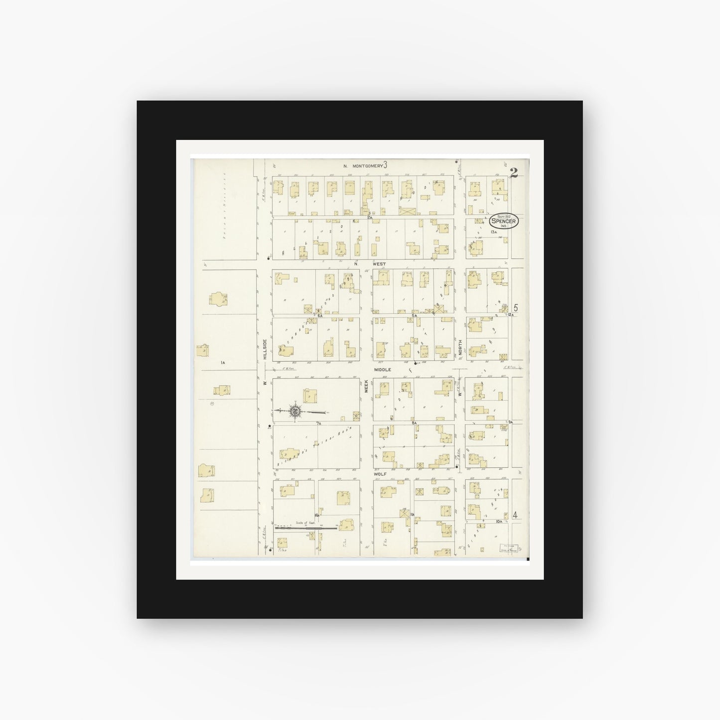Old map wall art mockup — black gallery frame with white mat — Sanborn Fire Insurance Map from Spencer, Owen County, Indiana (1912), Sheet #0002