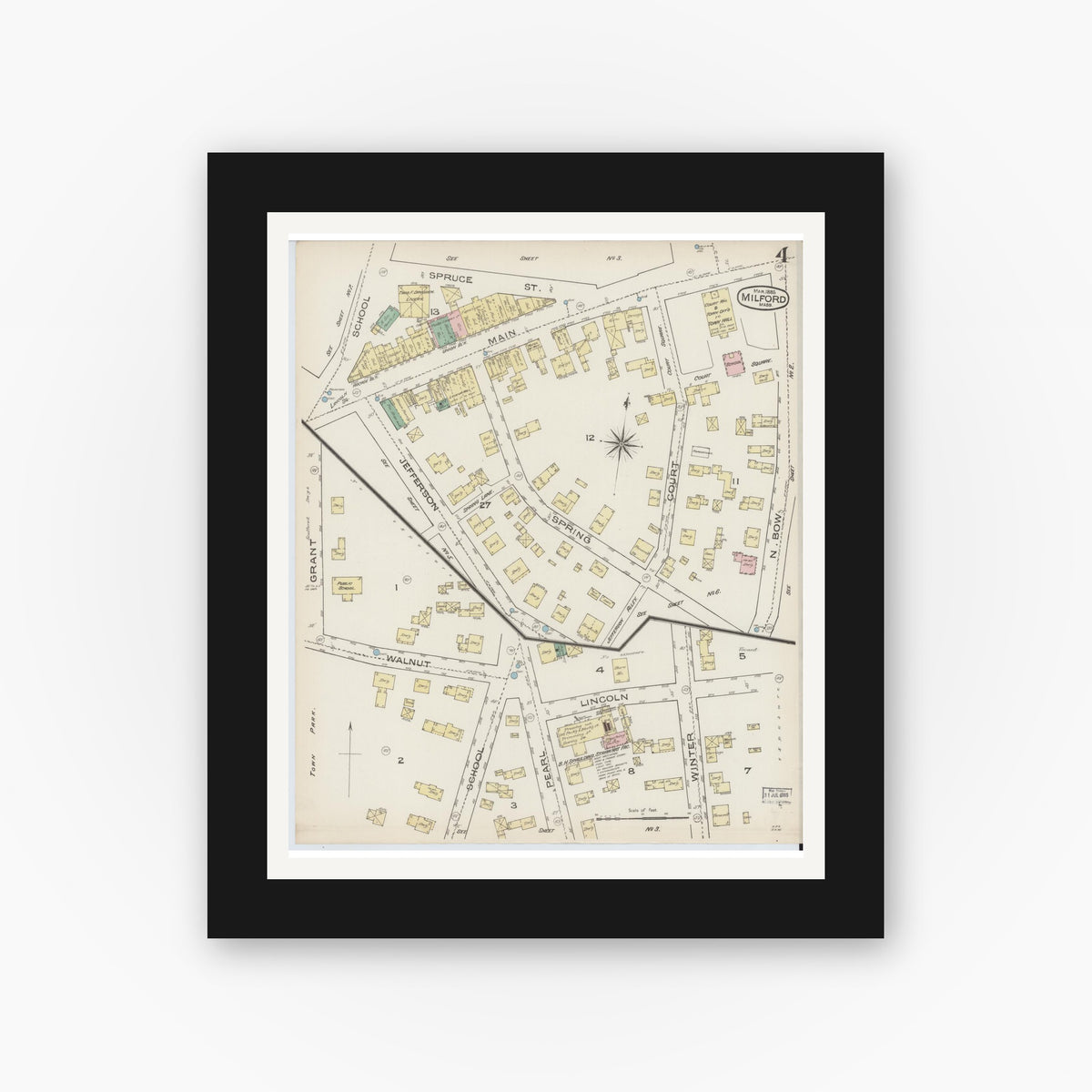 Old map wall art mockup — black gallery frame with white mat — Sanborn Fire Insurance Map from Milford, Worcester County, Massachusetts (1885), Sheet #0004