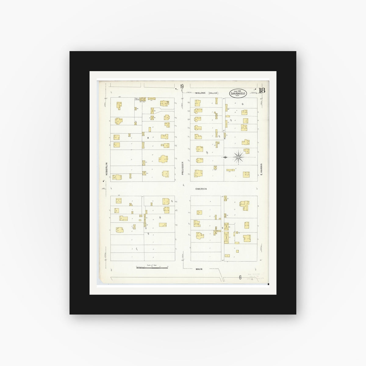 Old map wall art mockup — black gallery frame with white mat — Sanborn Fire Insurance Map from San Angelo, Tom Green County, Texas (1908), Sheet #0018