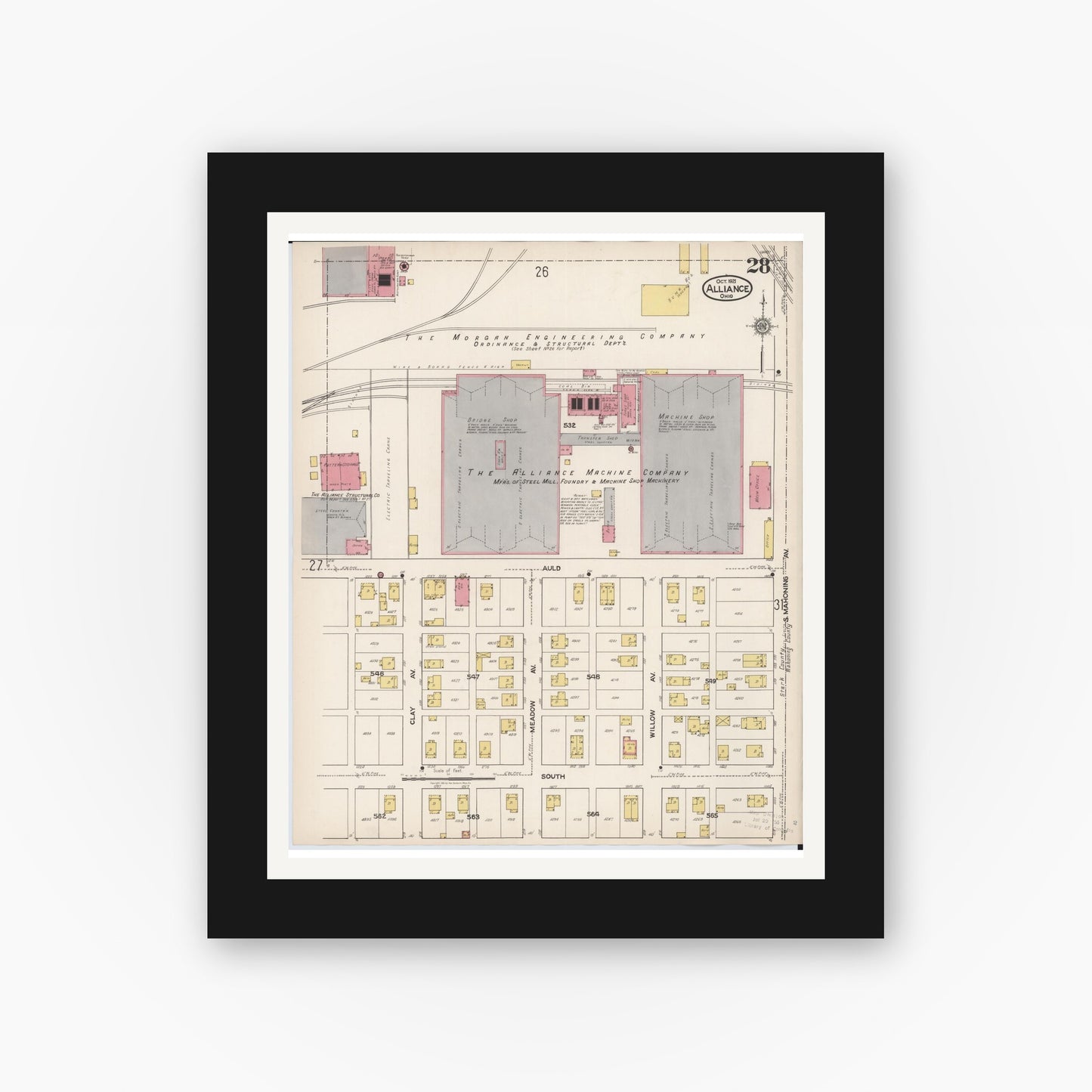 Old map wall art mockup — black gallery frame with white mat — Sanborn Fire Insurance Map from Alliance, Stark County, Ohio (1921), Sheet #0028