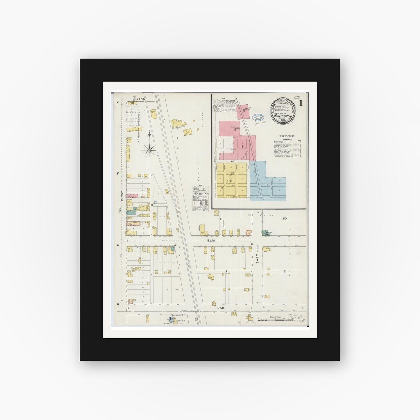 Old map wall art mockup — black gallery frame with white mat — Sanborn Fire Insurance Map from Montgomery, Le Sueur County, Minnesota (1894), Sheet #0001