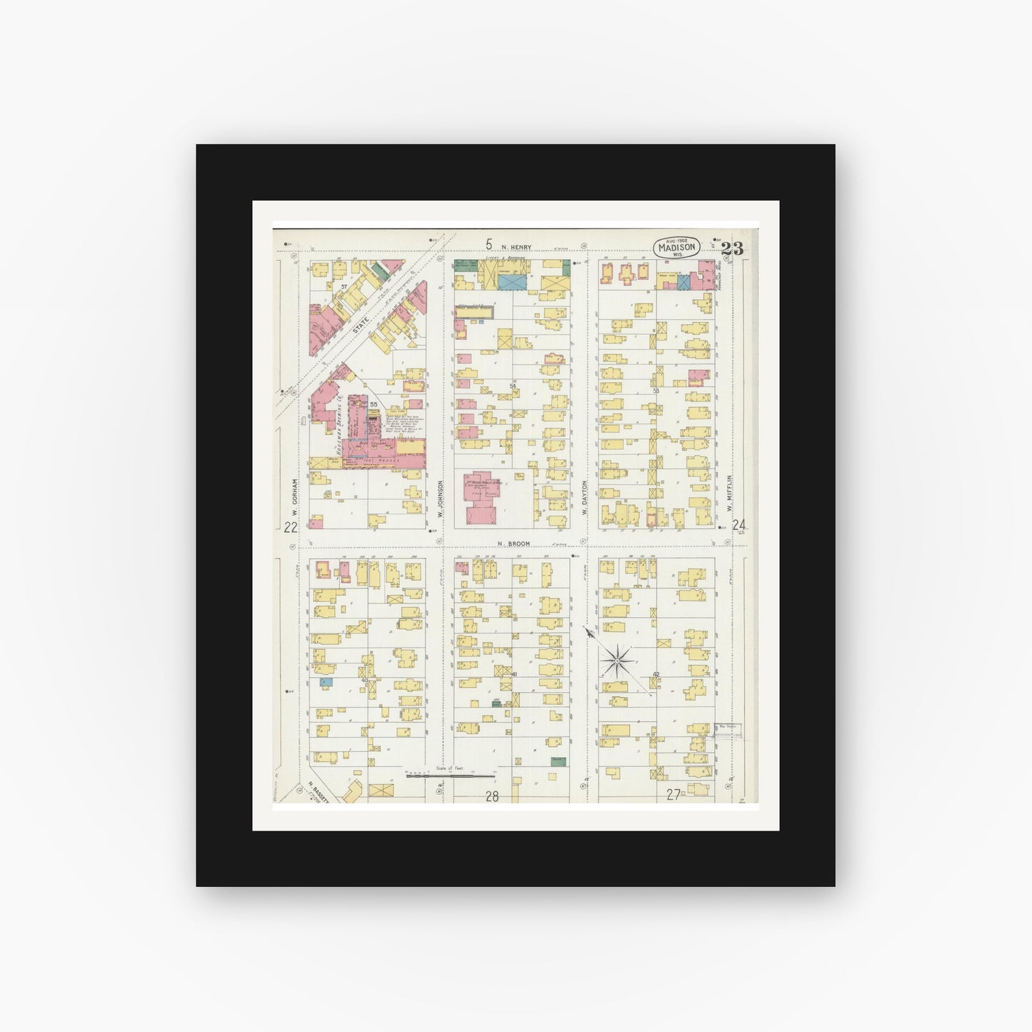 Old map wall art mockup — black gallery frame with white mat — Sanborn Fire Insurance Map from Madison, Dane County, Wisconsin (1902), Sheet #0023