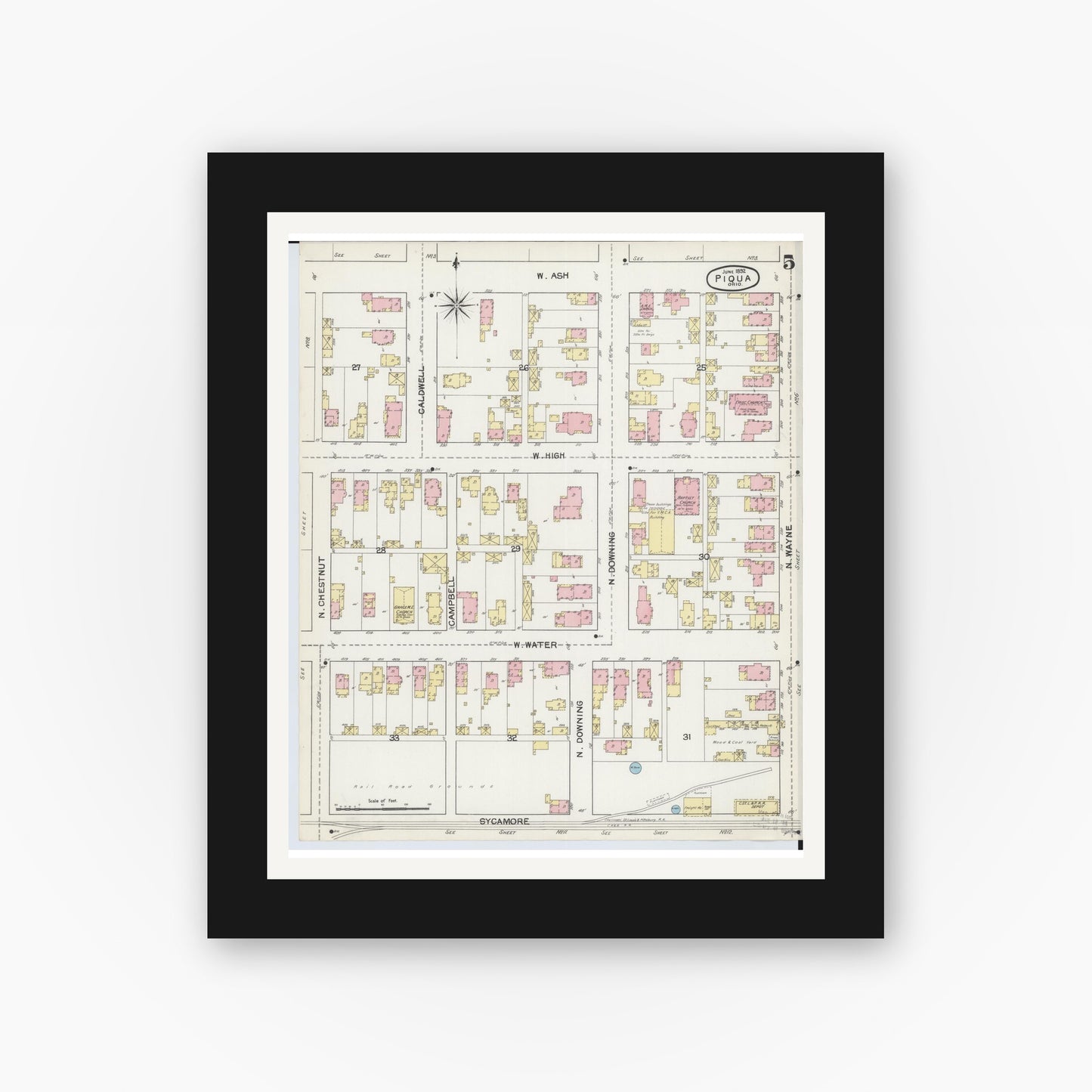 Old map wall art mockup — black gallery frame with white mat — Sanborn Fire Insurance Map from Piqua, Miami County, Ohio (1892), Sheet #0005