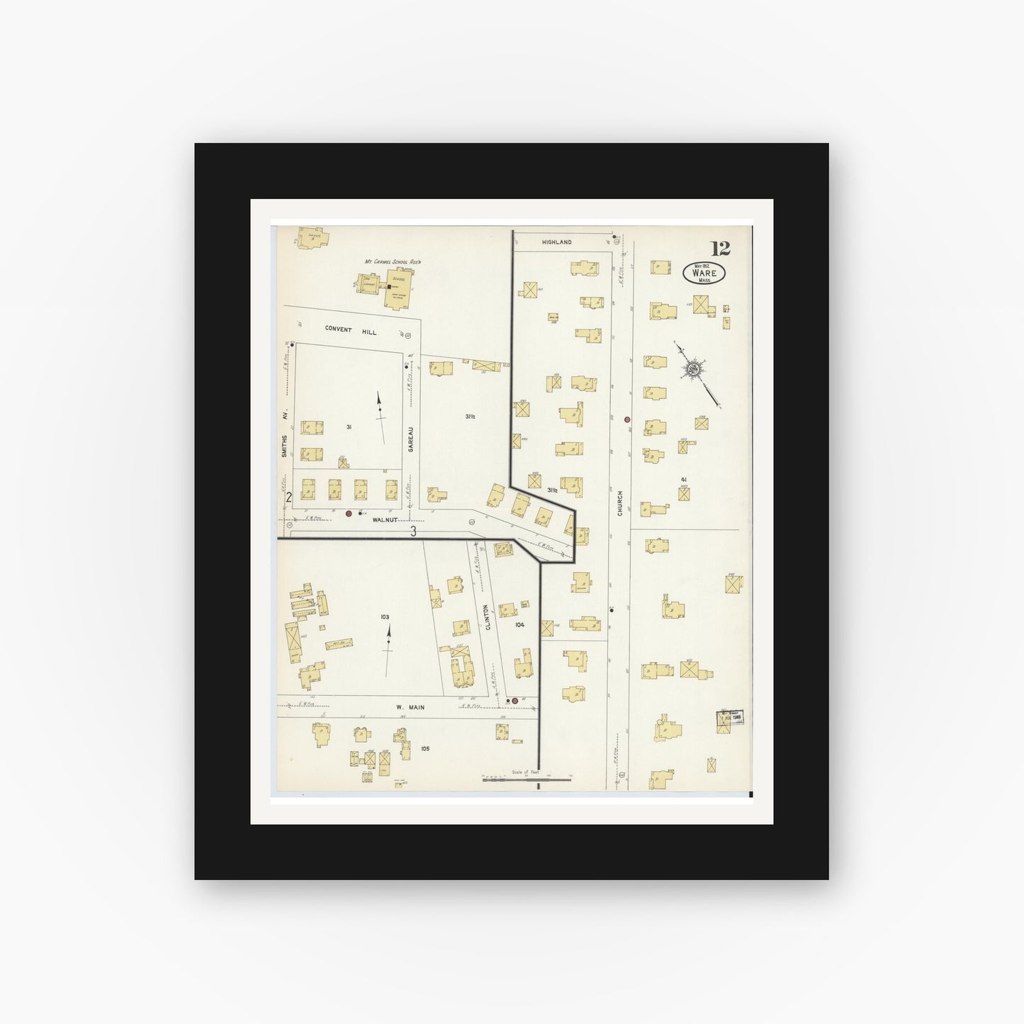 Old map wall art mockup — black gallery frame with white mat — Sanborn Fire Insurance Map from Ware, Hampshire County, Massachusetts (1912), Sheet #0012