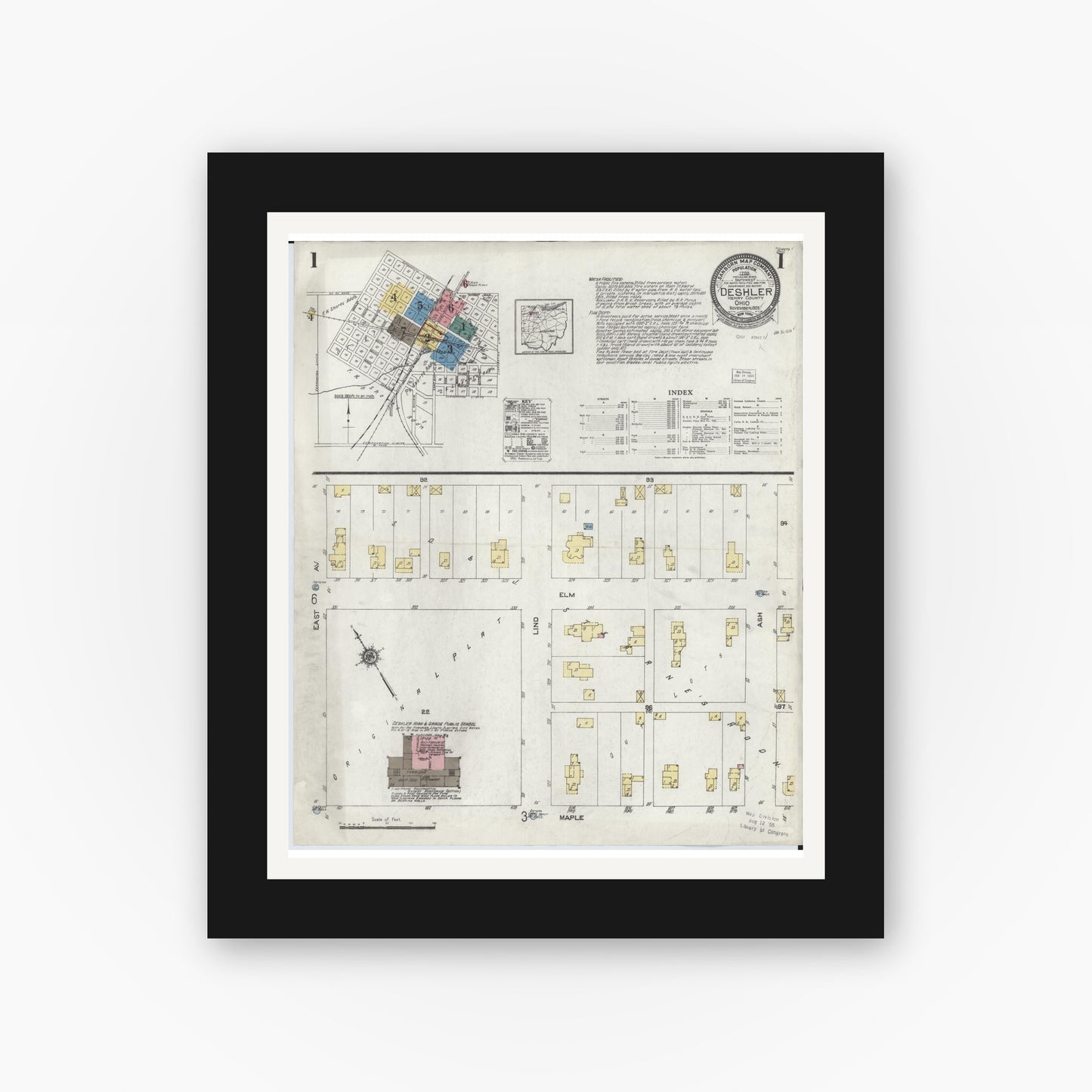 Old map wall art mockup — black gallery frame with white mat — Sanborn Fire Insurance Map from Deshler, Henry County, Ohio (1923) - Complete Map Set