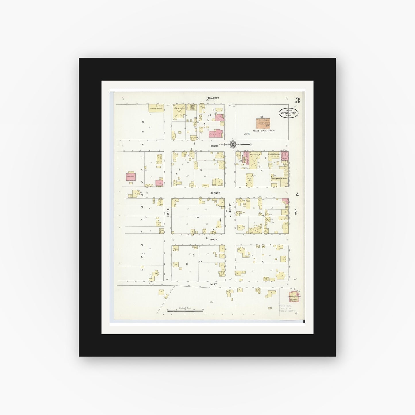 Old map wall art mockup — black gallery frame with white mat — Sanborn Fire Insurance Map from West Union, Adams County, Ohio (1912), Sheet #0003