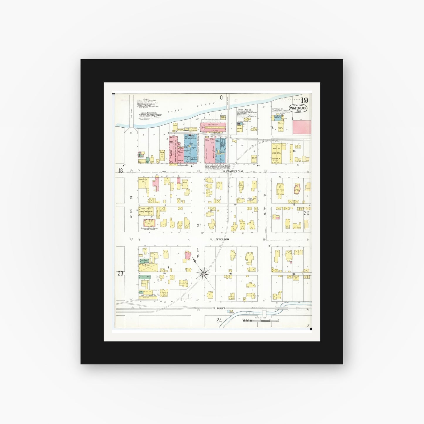 Old map wall art mockup — black gallery frame with white mat — Sanborn Fire Insurance Map from Waterloo, Black Hawk County, Iowa (1900), Sheet #0019