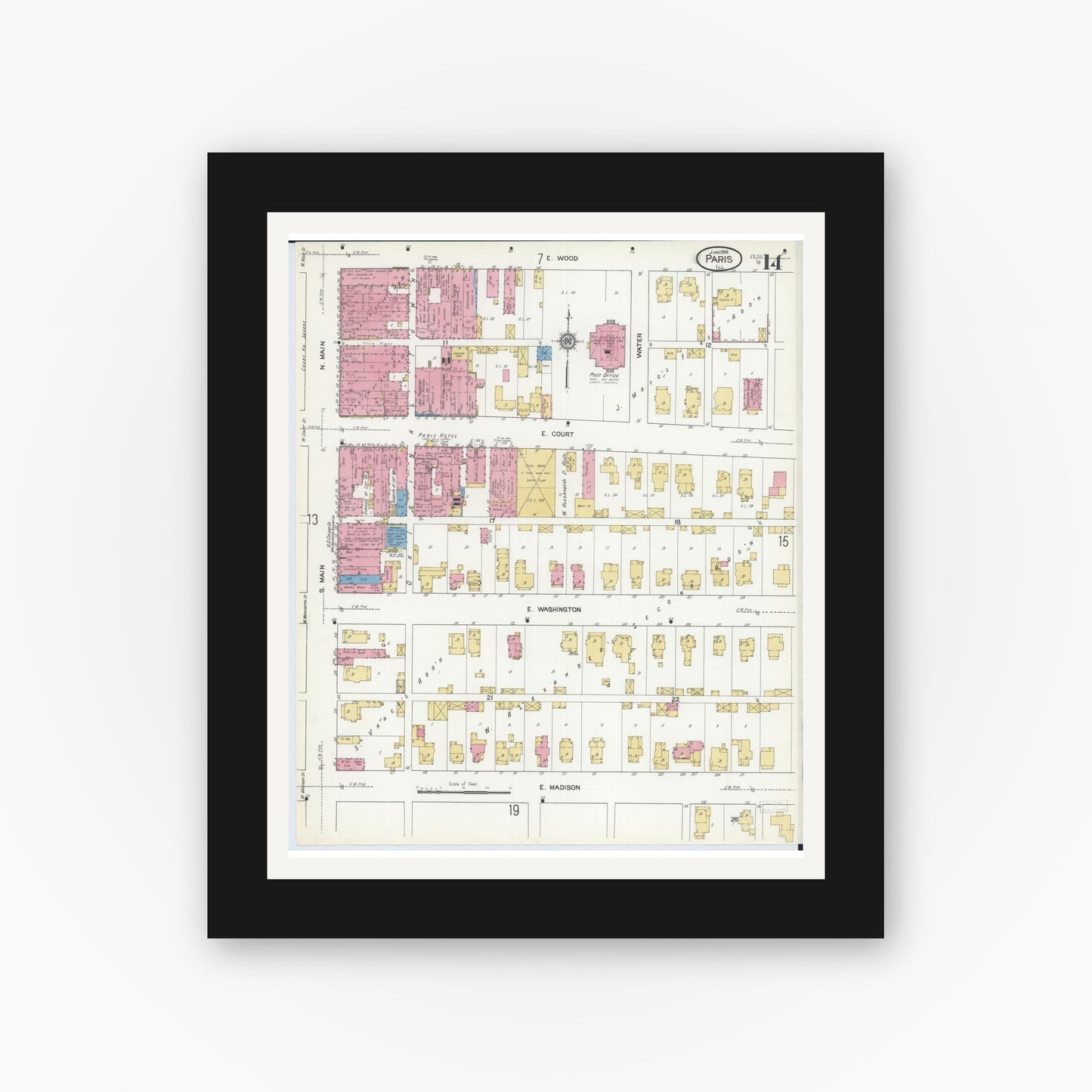 Old map wall art mockup — black gallery frame with white mat — Sanborn Fire Insurance Map from Paris, Edgar County, Illinois (1916), Sheet #0014