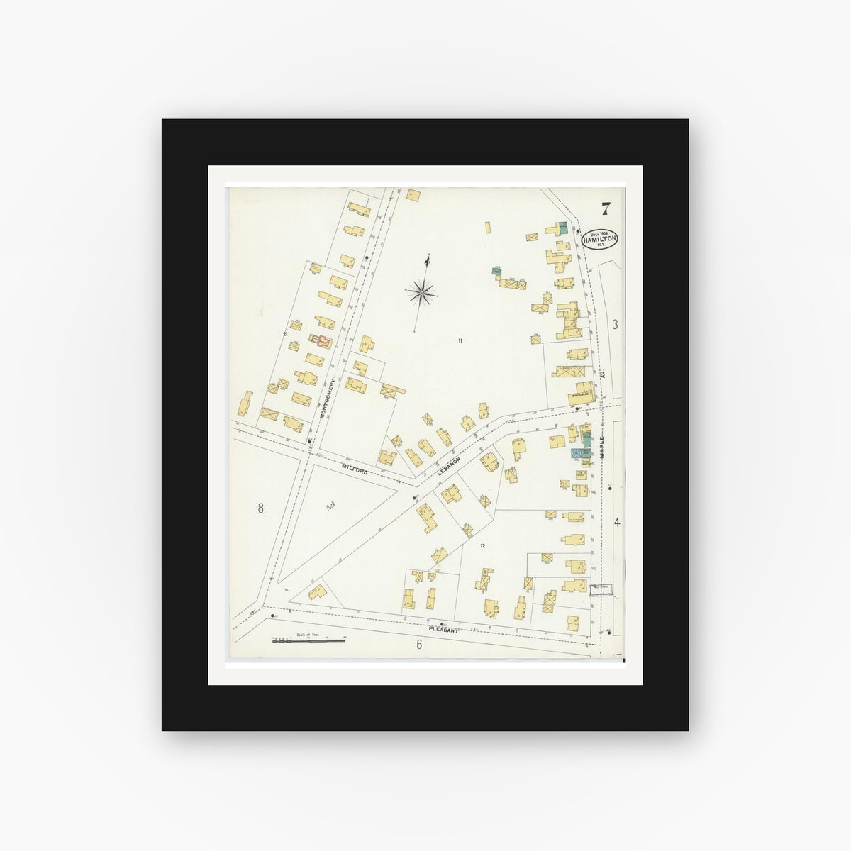 Old map wall art mockup — black gallery frame with white mat — Sanborn Fire Insurance Map from Hamilton, Madison County, New York (1906), Sheet #0007