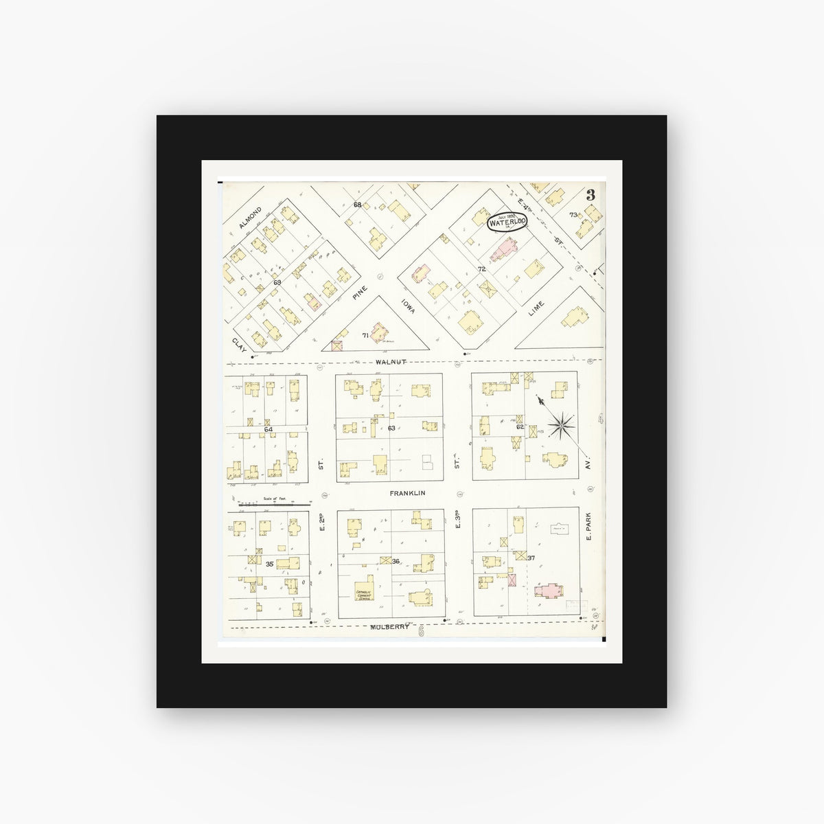Old map wall art mockup — black gallery frame with white mat — Sanborn Fire Insurance Map from Waterloo, Black Hawk County, Iowa (1892), Sheet #0003
