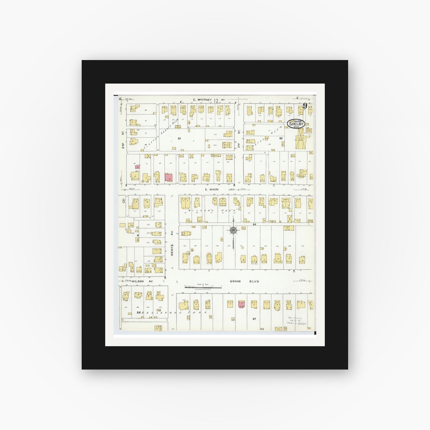 Old map wall art mockup — black gallery frame with white mat — Sanborn Fire Insurance Map from Shelby, Richland County, Ohio (1919), Sheet #0009