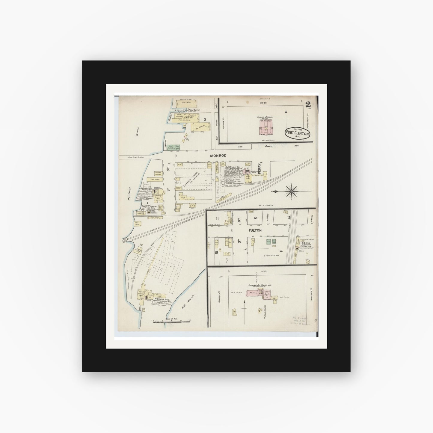 Old map wall art mockup — black gallery frame with white mat — Sanborn Fire Insurance Map from Port Clinton, Ottawa County, Ohio (1888), Sheet #0002