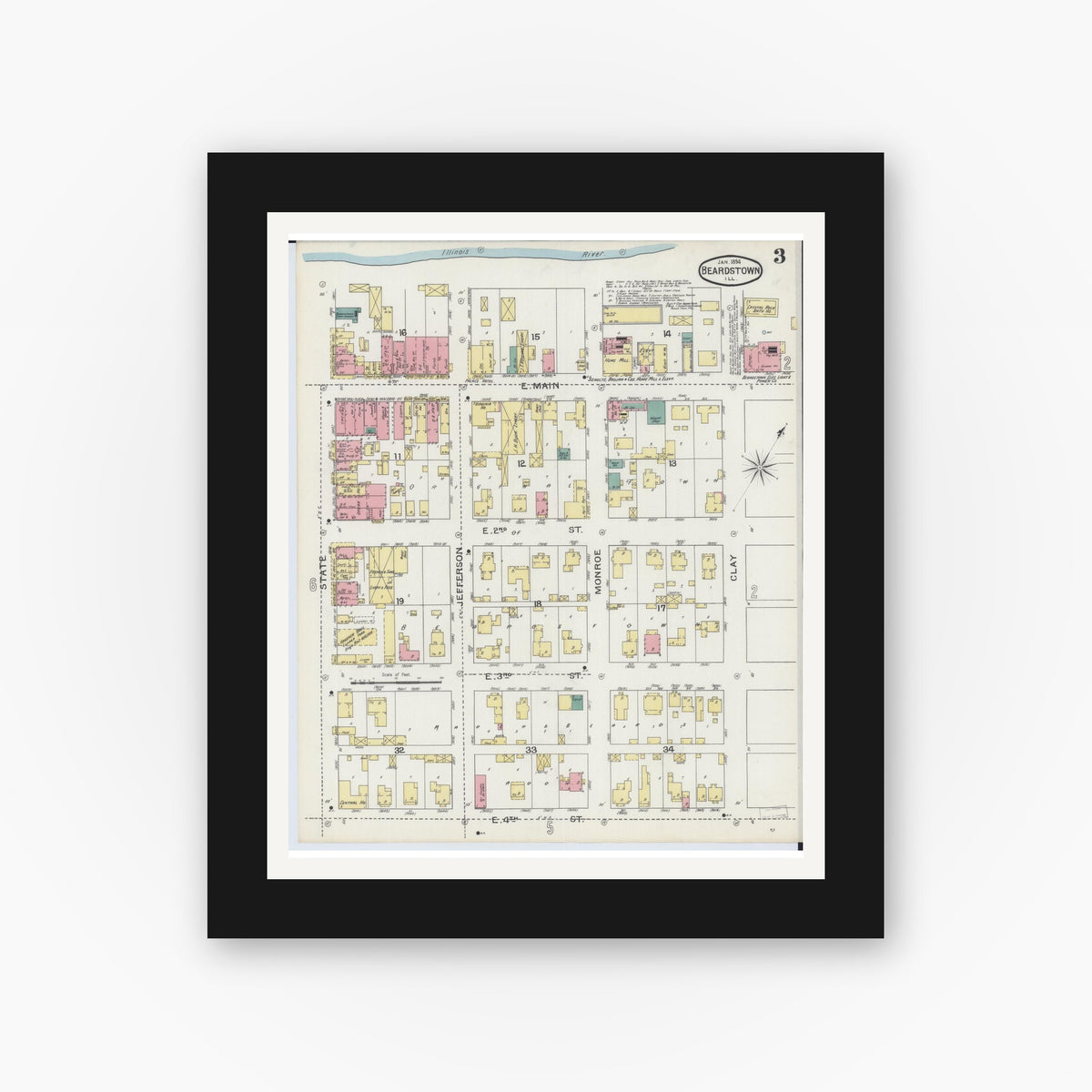 Old map wall art mockup — black gallery frame with white mat — Sanborn Fire Insurance Map from Beardstown, Cass County, Illinois (1894), Sheet #0003