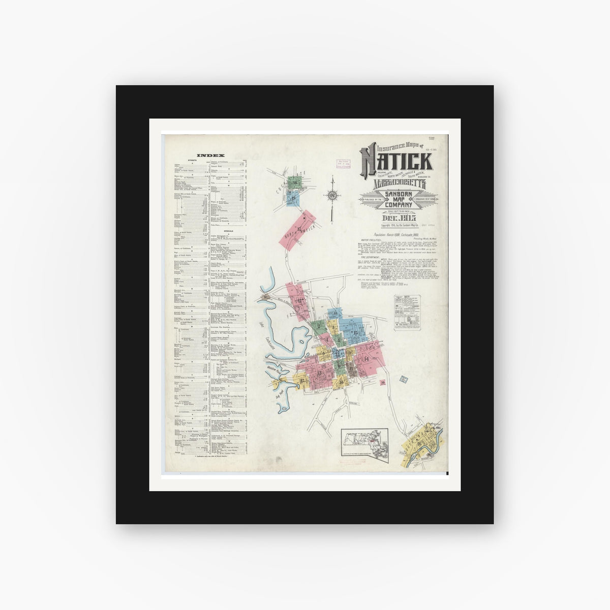 Old map wall art mockup — black gallery frame with white mat — Sanborn Fire Insurance Map from Natick, Middlesex County, Massachusetts (1915), Sheet #0001