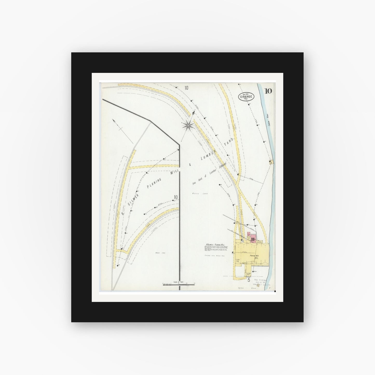 Old map wall art mockup — black gallery frame with white mat — Sanborn Fire Insurance Map from Orange, Orange County, Texas (1901), Sheet #0010