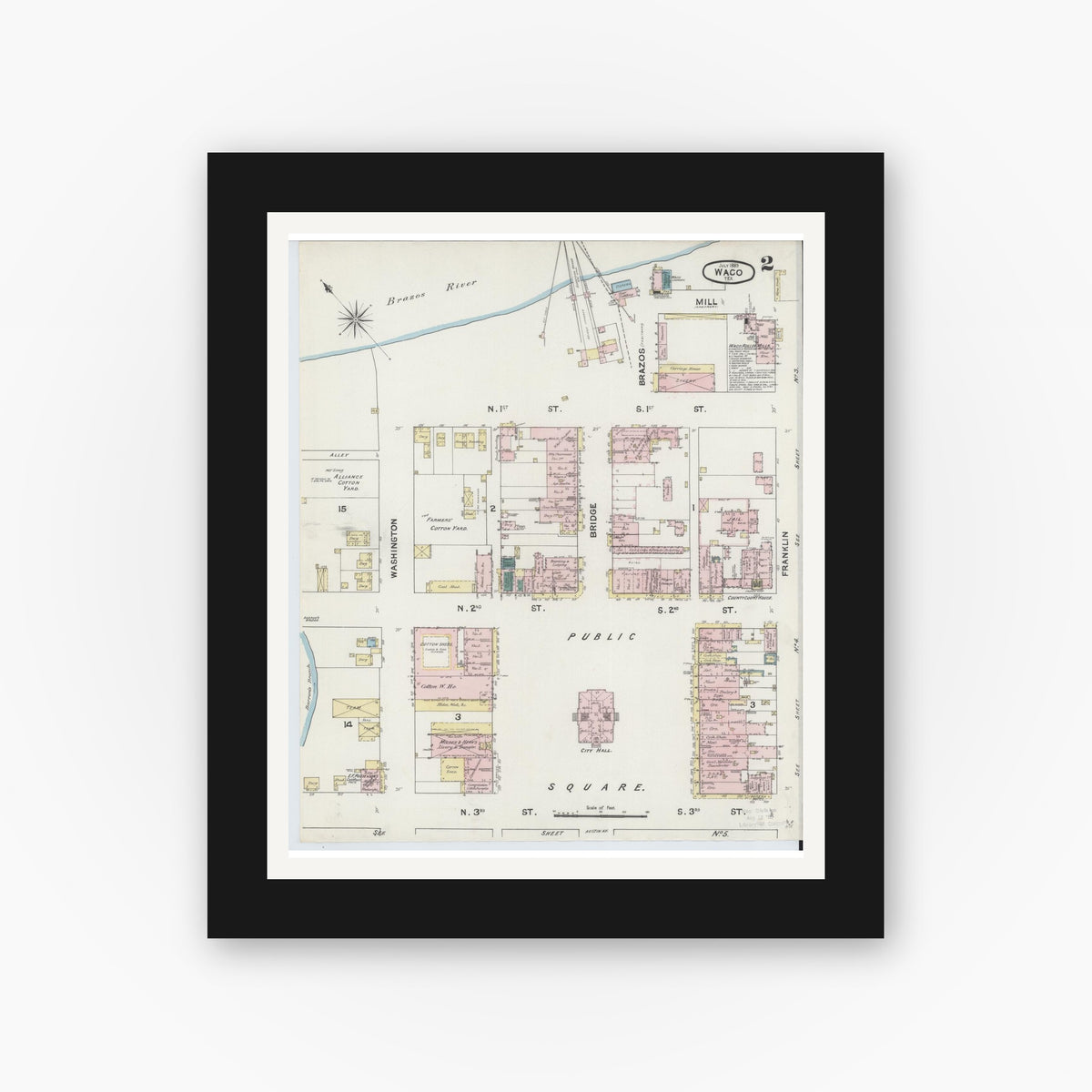 Old map wall art mockup — black gallery frame with white mat — Sanborn Fire Insurance Map from Waco, McLennan County, Texas (1889), Sheet #0002