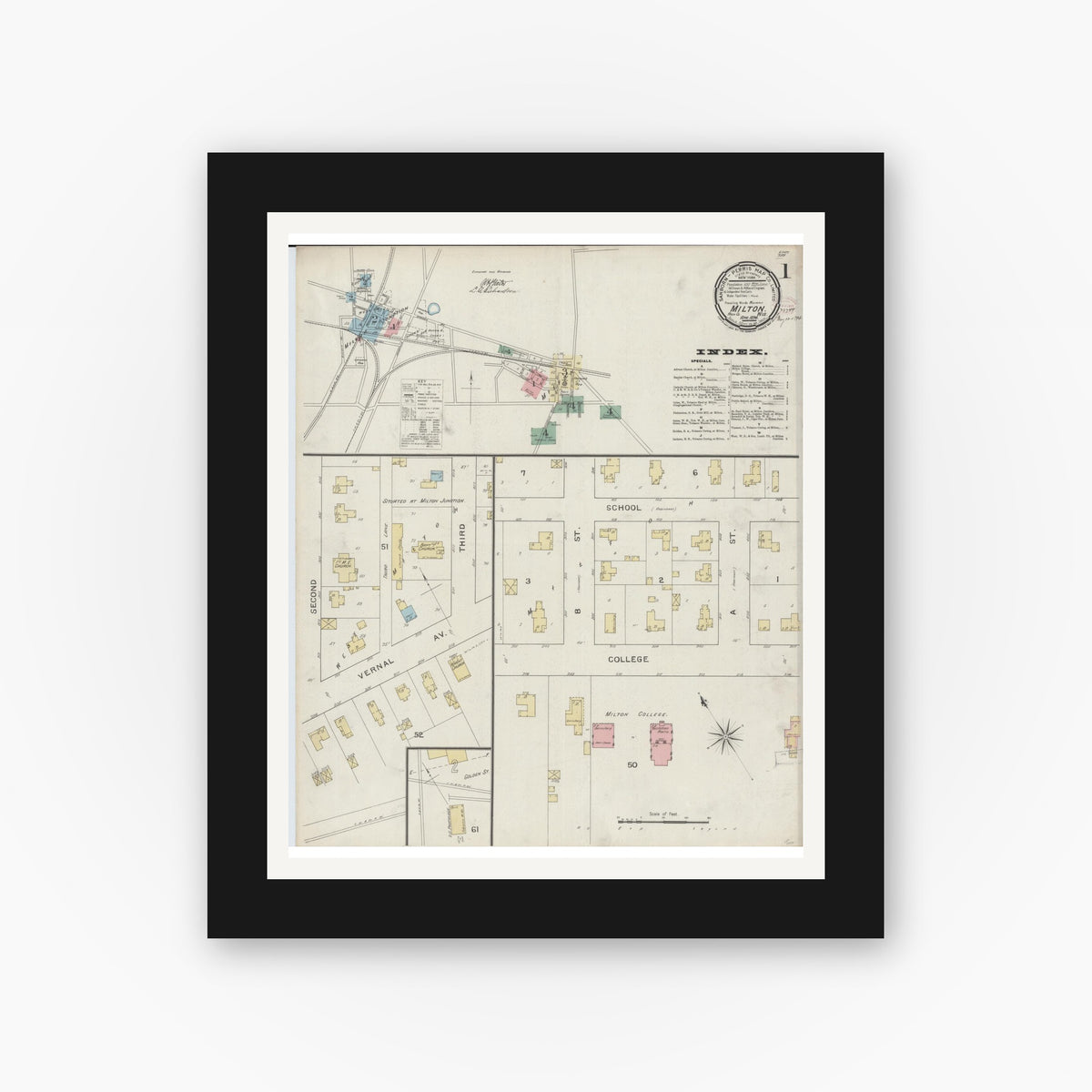 Old map wall art mockup — black gallery frame with white mat — Sanborn Fire Insurance Map from Milton, Rock County, Wisconsin (1894), Sheet #0001