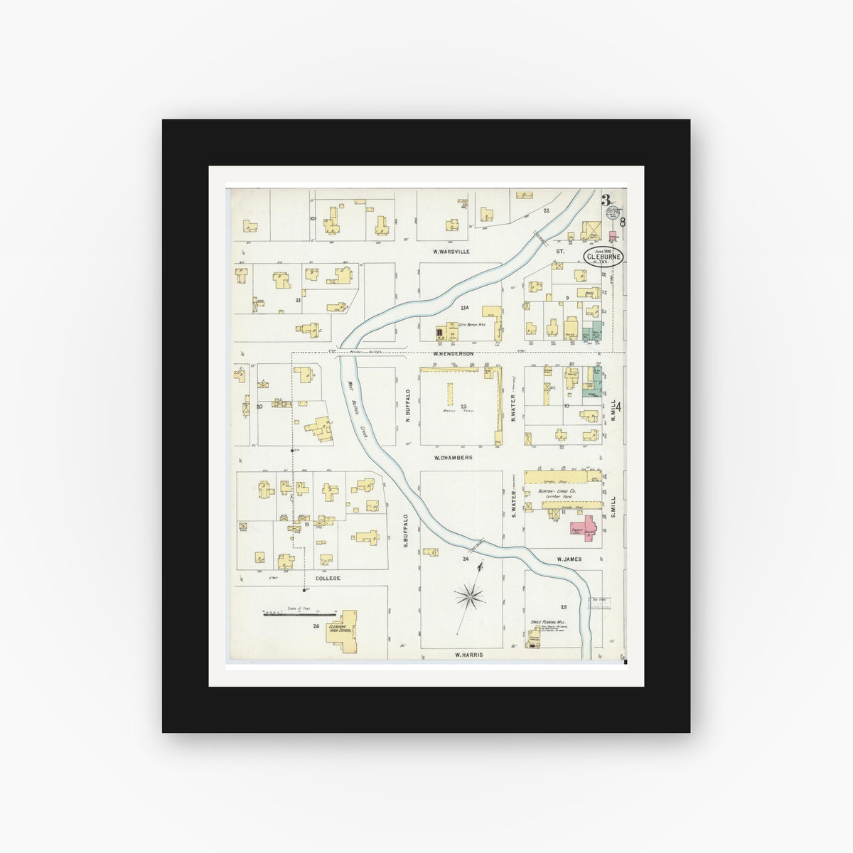 Old map wall art mockup — black gallery frame with white mat — Sanborn Fire Insurance Map from Cleburne, Johnson County, Texas (1898), Sheet #0003